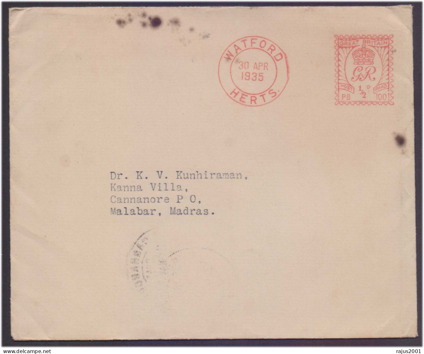 WATFORD HERTS EMA RED METER FRANK BRITAIN TO MALABAR MADRAS INDIA CIRCULATED COVER 1935 CLEAR DELIVERY MARK As Scan - Machines à Affranchir (EMA)