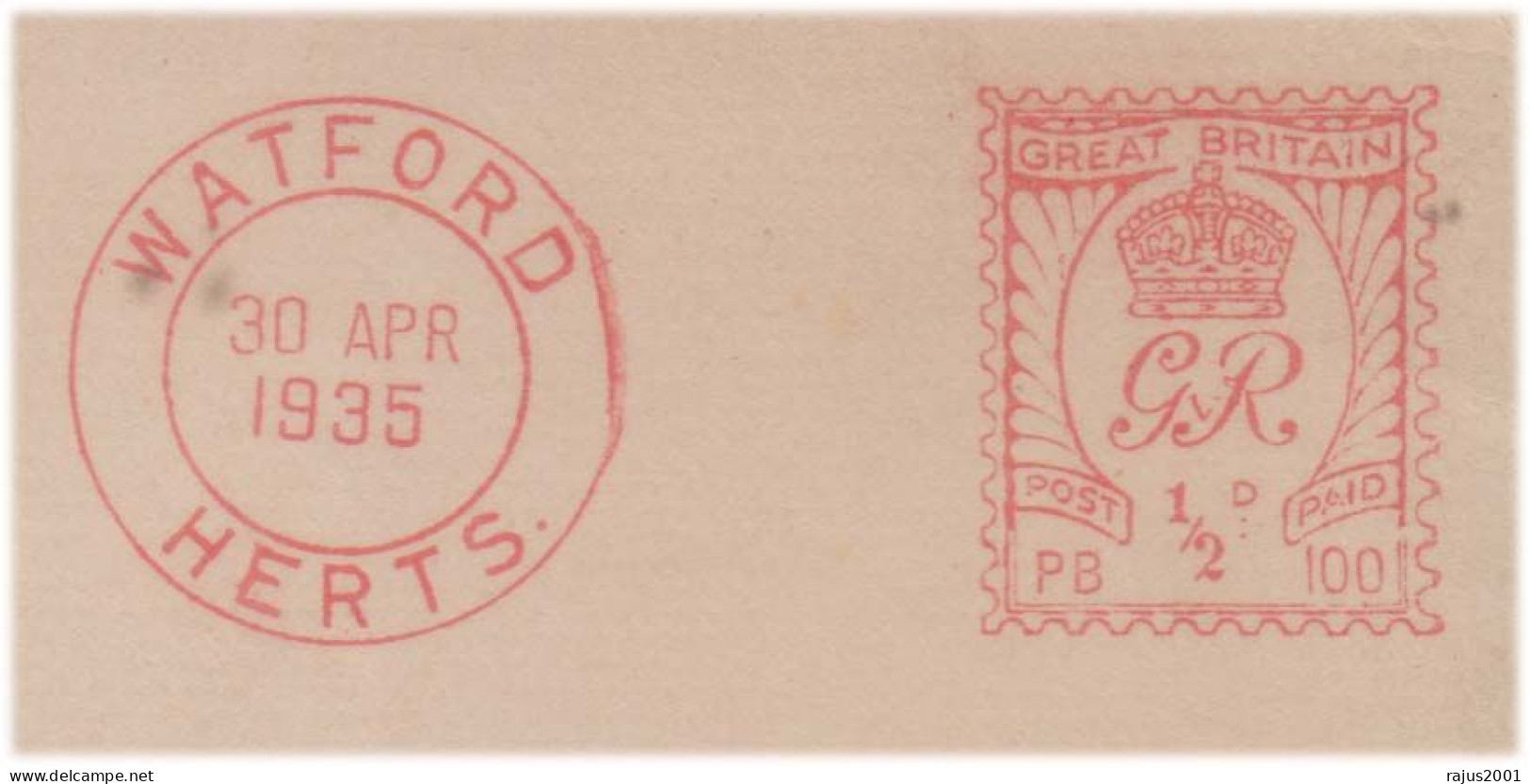 WATFORD HERTS EMA RED METER FRANK BRITAIN TO MALABAR MADRAS INDIA CIRCULATED COVER 1935 CLEAR DELIVERY MARK As Scan - Franking Machines (EMA)