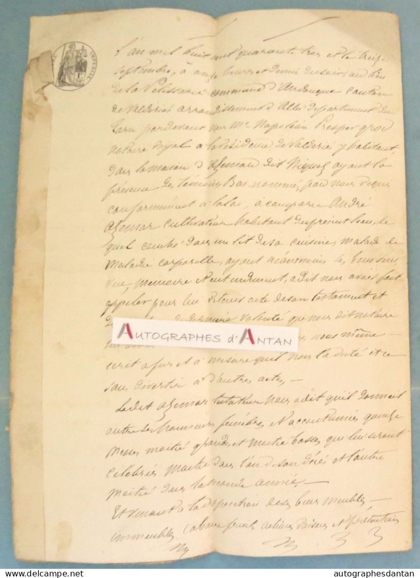 ● 1843 Testament - Andouque - La Pelissarié - VALDERIES Vers Albi (Tarn) - André Azemar - Acte Manuscrit Me Palasi - Manuscripts