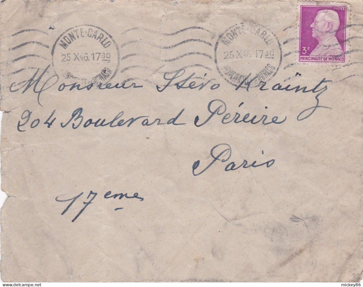 Monaco -1946 - Lettre De MONTE CARLO Pour PARIS-75 (France)--timbre Seul Sur Lettre.....cachet  Krag - Briefe U. Dokumente