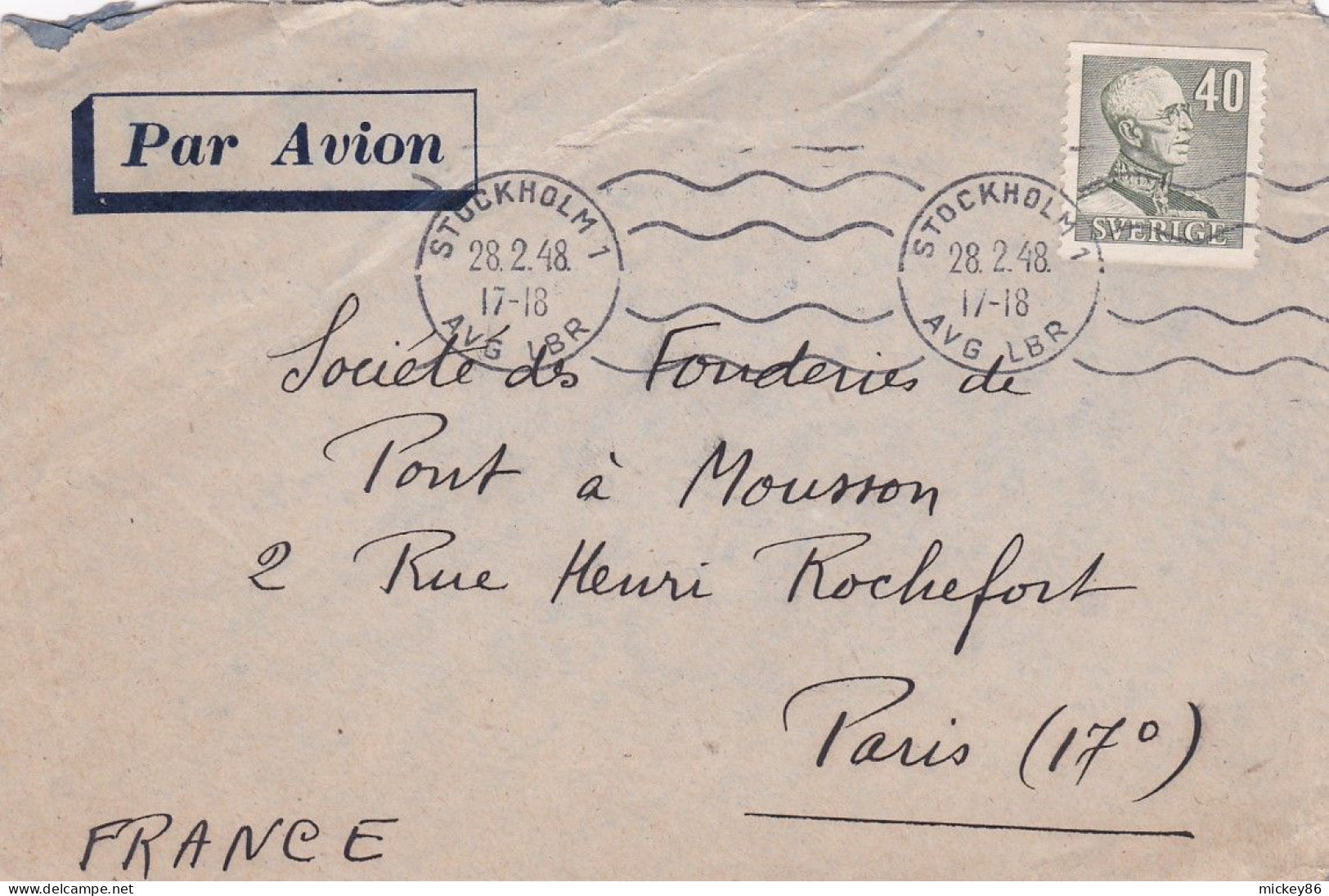 Suède -1948 - Lettre De STOCKHOLM 1 Pour PARIS 17° (France)--timbre Seul Sur Lettre.....Beau Cachet Mécanique - Storia Postale