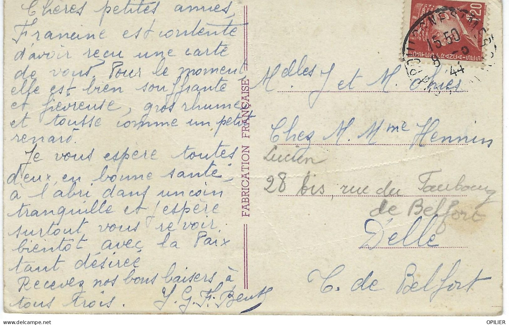 BOULOGNE SUR MER 1944 Timbre 1.20F Pétain Sur Carte Postale Pour Territoire De Belfort - 1941-42 Pétain