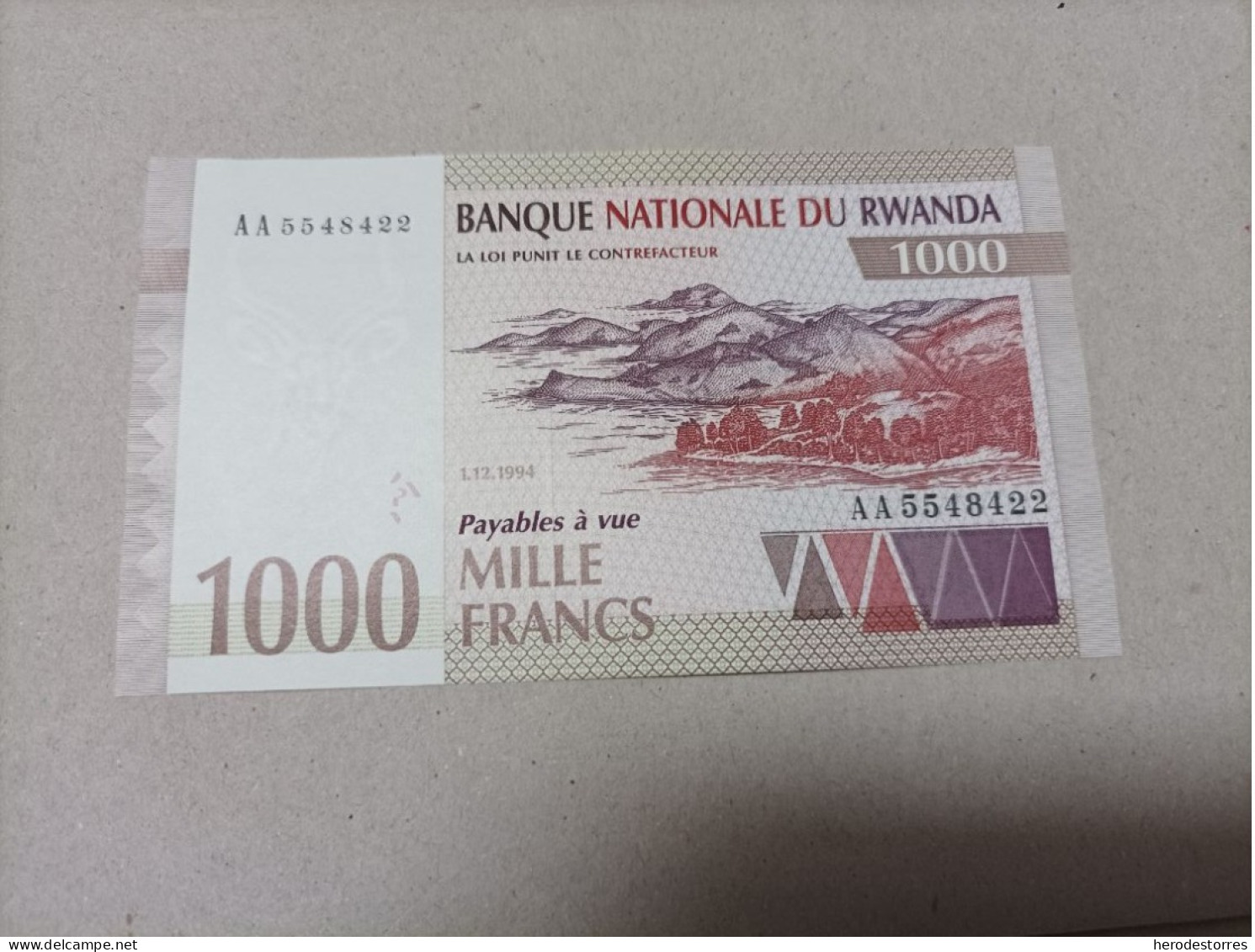 Billete Rwanda, 1000 Francs, Serie AA, Año 1994, UNC - Rwanda