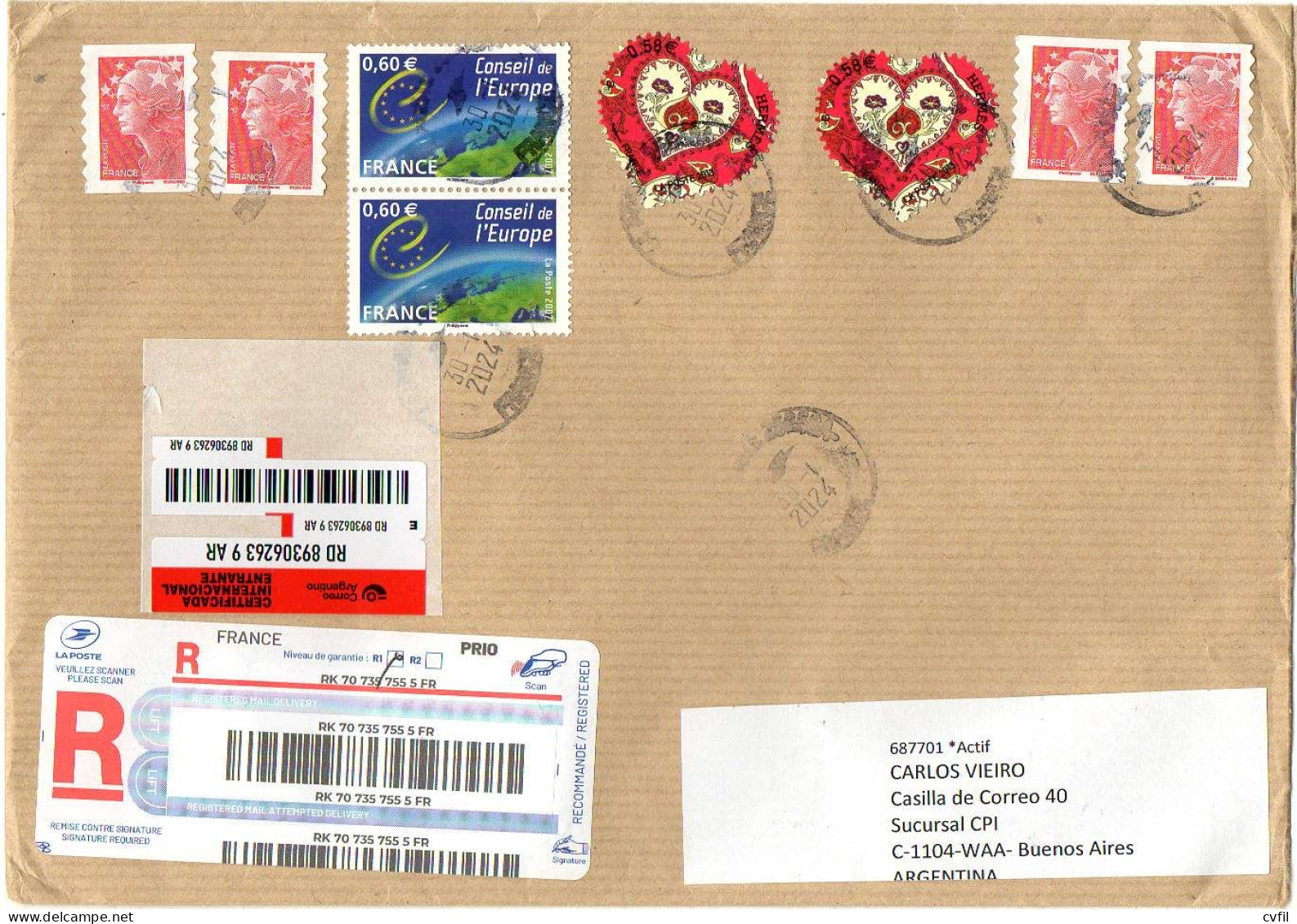 FRANCE 2024 - REGISTERED AIR COVER With Several Stamps Including A Pair Of Conseil De L'Europe - Briefe U. Dokumente