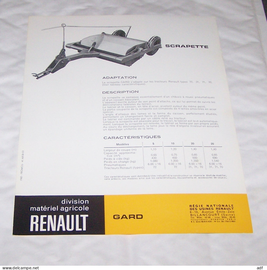 FEUILLET PUB PUBLICITAIRE MATERIEL AGRICOLE RENAULT SCRAPETTE GARD ( TRACTEUR, TRACTEURS, MOTOCULTURE ), AGRICULTURE - Traktoren