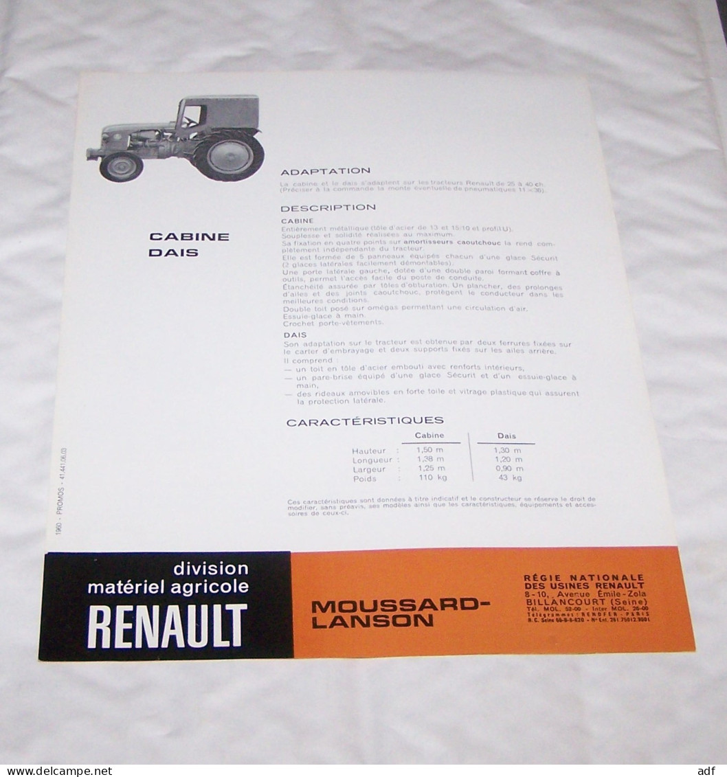 FEUILLET PUB PUBLICITAIRE TRACTEUR RENAULT CABINE DAIS MOUSSARD LANSON, AGRICULTURE - Tracteurs