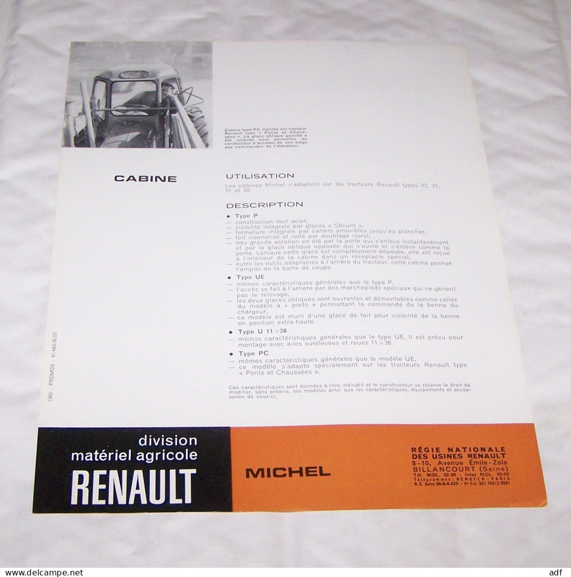 FEUILLET PUB PUBLICITAIRE TRACTEUR RENAULT CABINE MICHEL, AGRICULTURE - Trattori