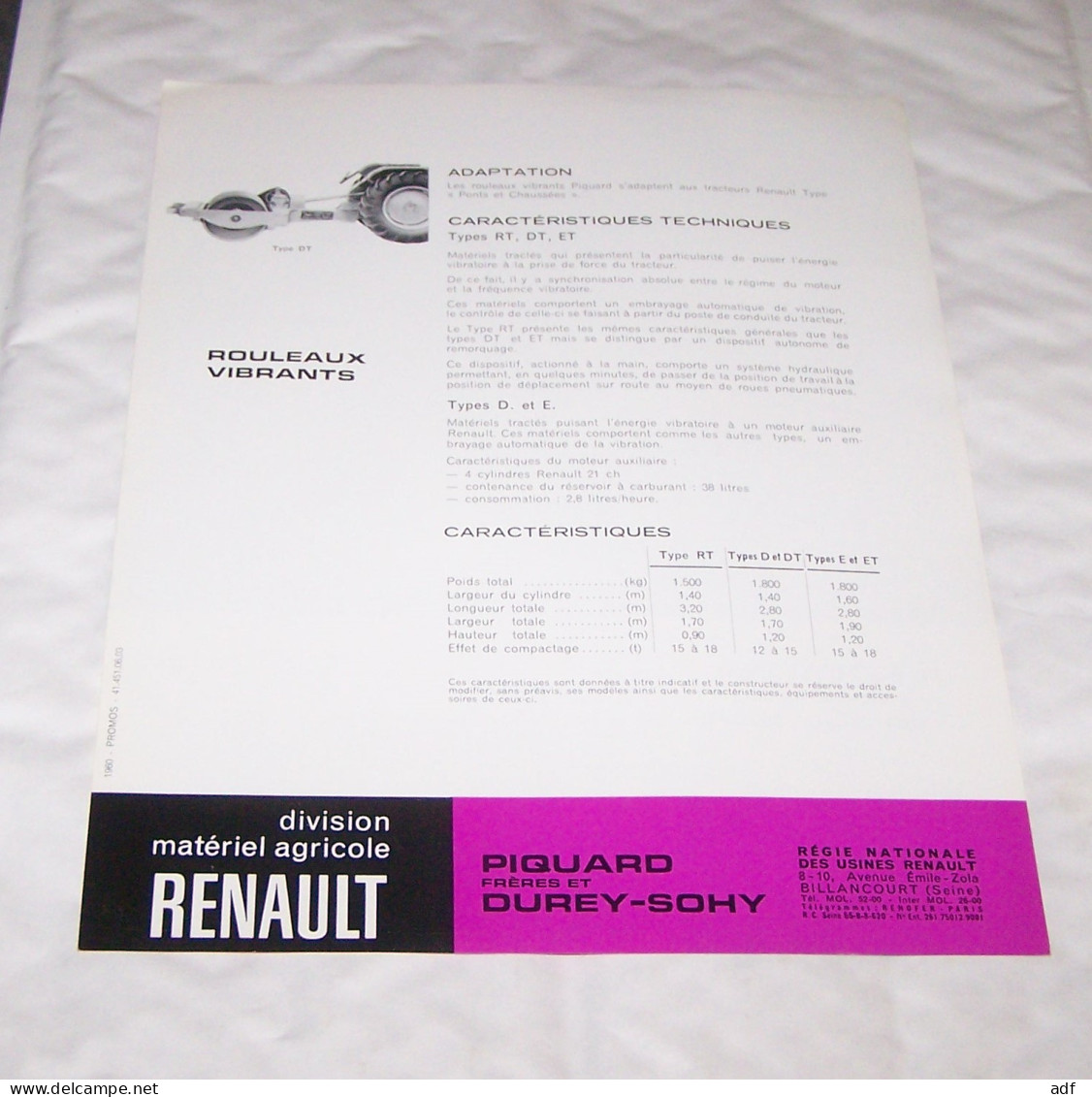 FEUILLET PUB PUBLICITAIRE MATERIEL AGRICOLE RENAULT ROULEAUX VIBRANTS  ( TRACTEUR, TRACTEURS, MOTOCULTURE ), AGRICULTURE - Trattori