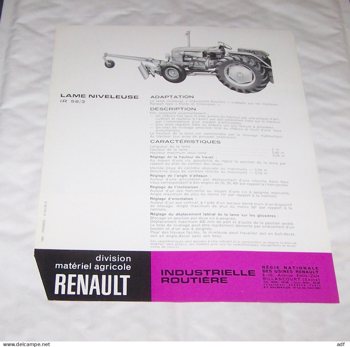 FEUILLET PUB PUBLICITAIRE MATERIEL AGRICOLE RENAULT LAME NIVELEUSE  ( TRACTEUR, TRACTEURS, MOTOCULTURE ) - Traktoren