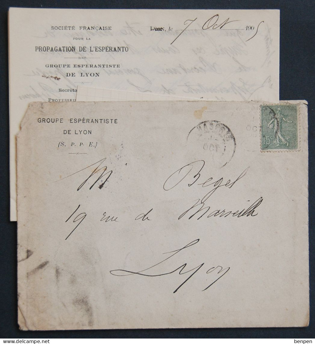 Lettre ESPERANTO 1905 Semeuse Lignée, Groupe Espérantiste De Lyon, Propagation De L'Espéranto Avec Courrier - 1903-60 Semeuse Lignée