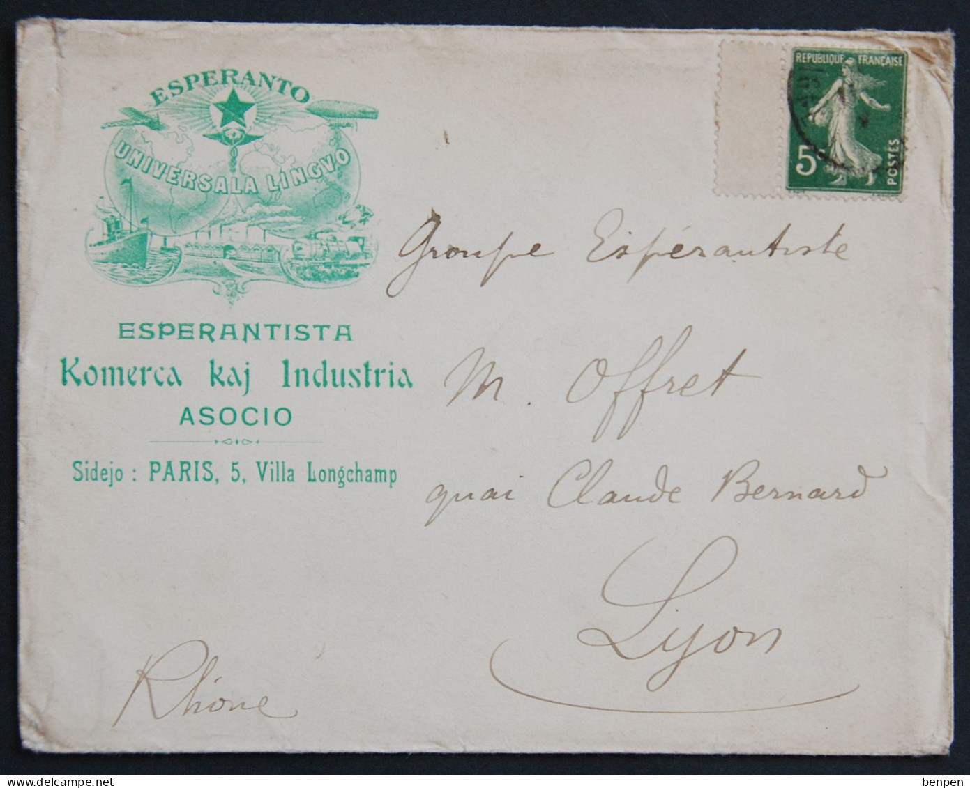 Enveloppe Illustrée ESPERANTO 1905 Semeuse, Esperantista PARIS-LYON Villa Longchamp Universala Linguo Etoile - 1903-60 Semeuse Lignée