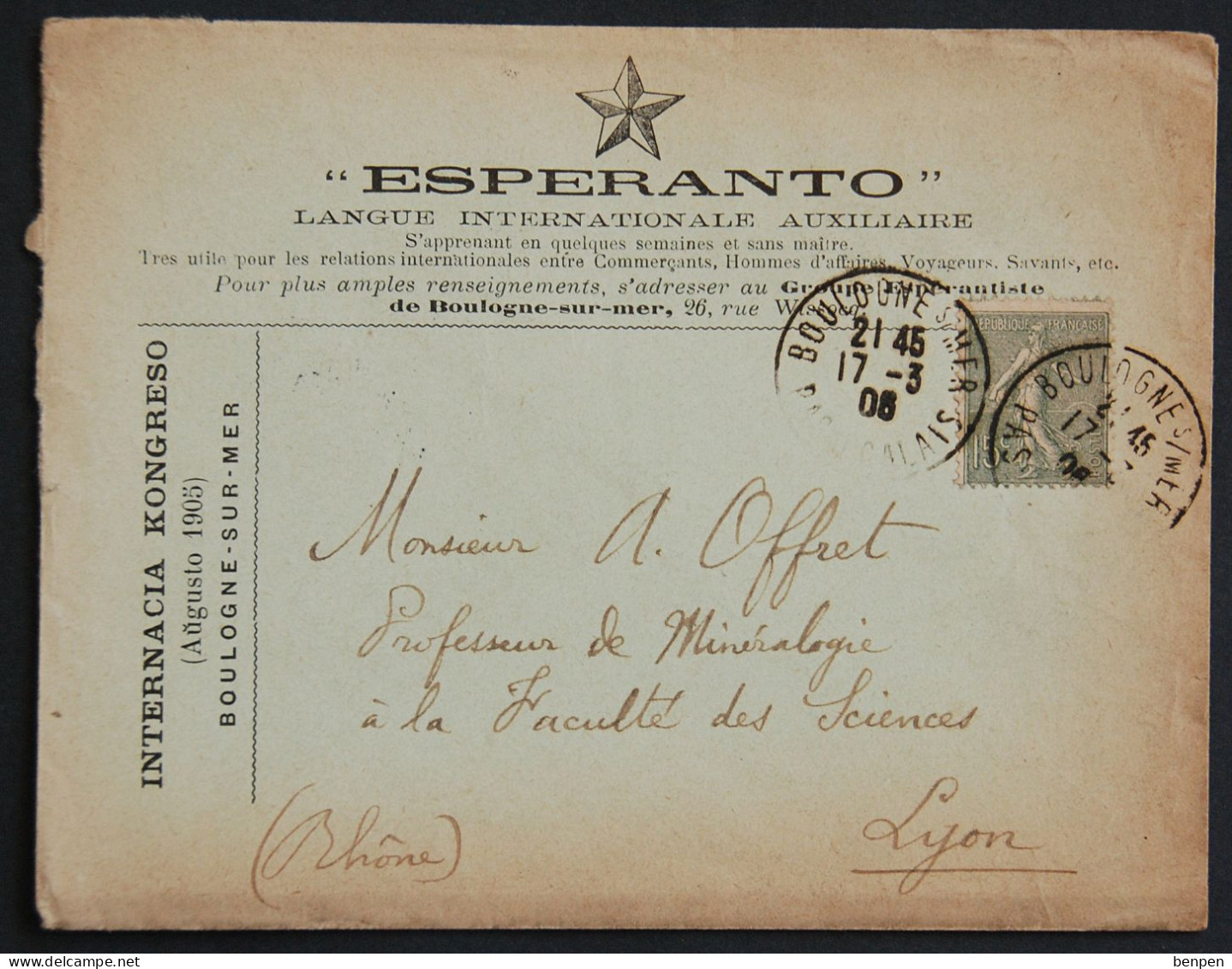 Enveloppe Illustrée ESPERANTO 1905 Semeuse, Langue Internationale Auxiliaire Internacia Kongreso Boulogne Sur Mer - 1903-60 Semeuse Lignée