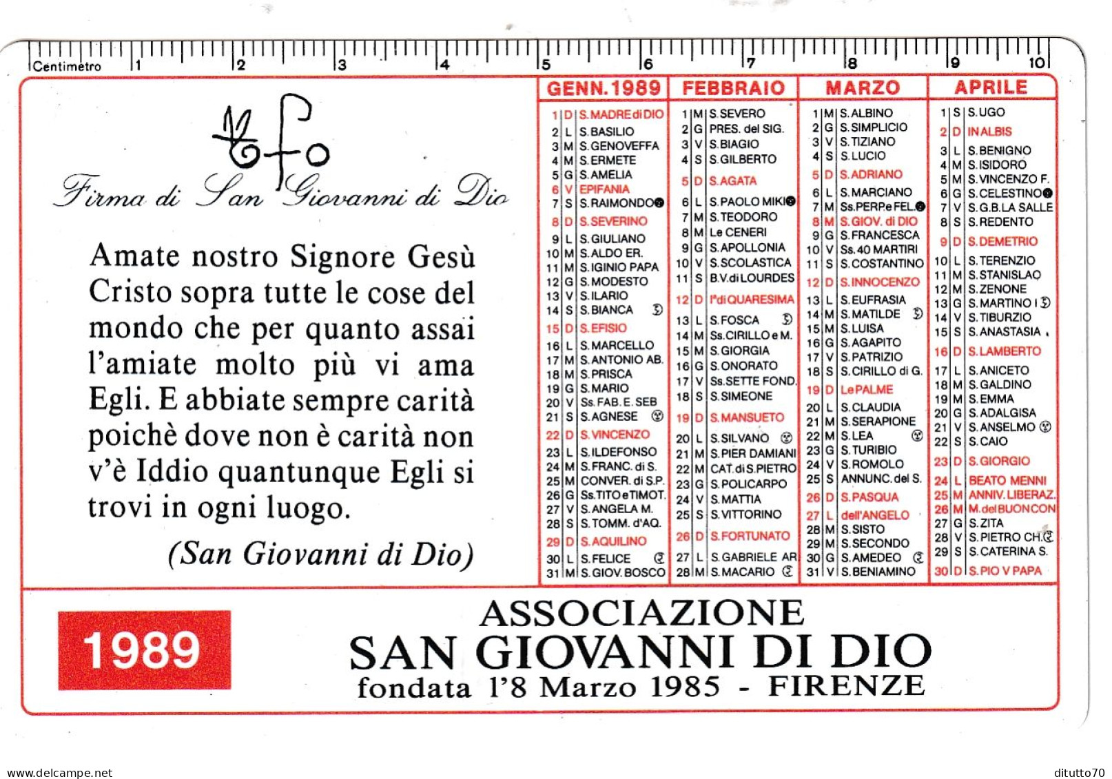 Calendarietto - Associazione San Giovanni Di Dio - Firenze - Anno 1989 - Small : 1981-90