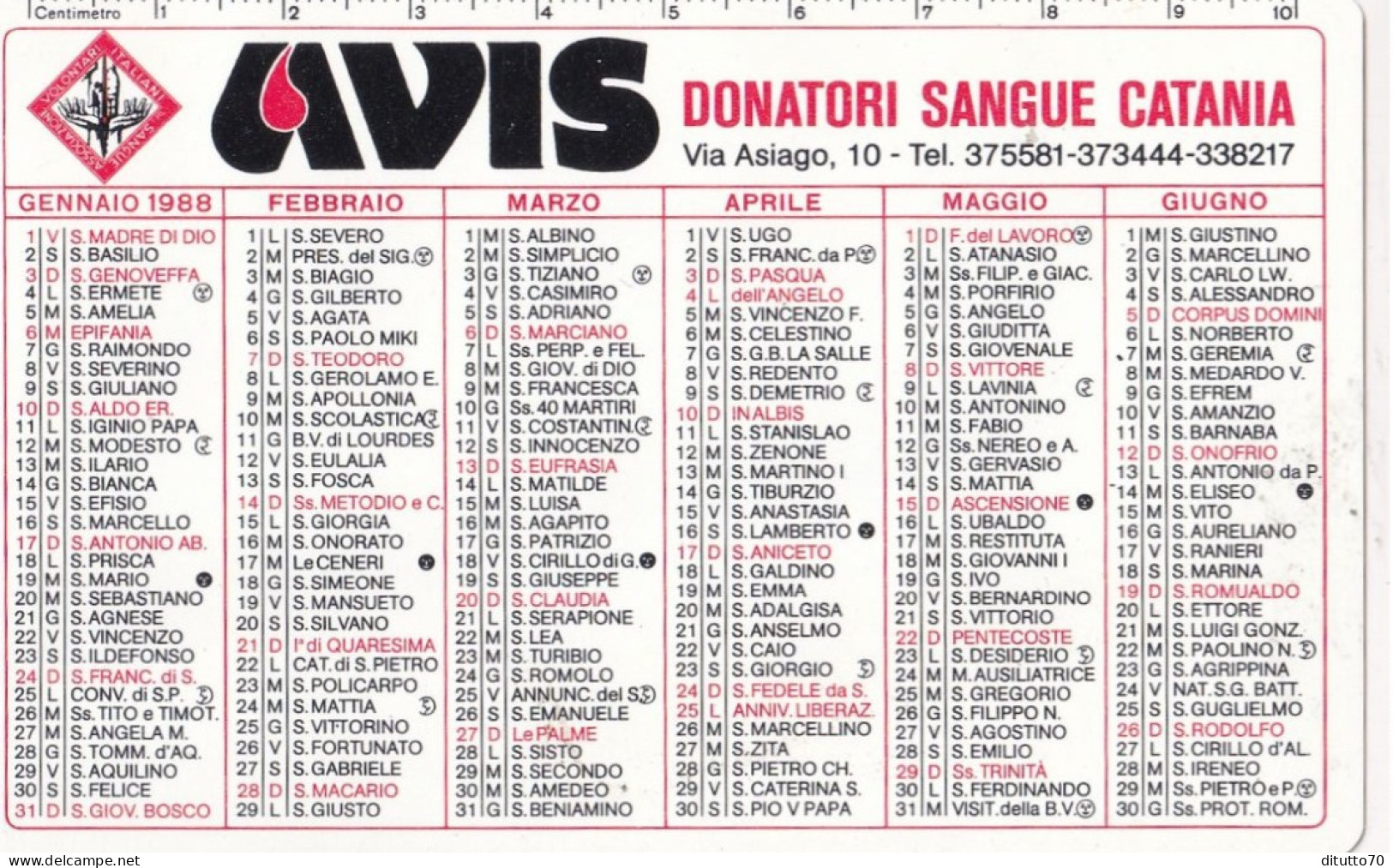 Calendarietto - AVIS - Donatori Sangue Catania - Anno 1988 - Formato Piccolo : 1981-90