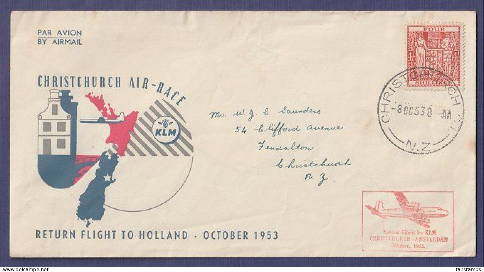 New Zealand 4s Arms 1953 KLM Christchurch Air Race Return Flight Cover - Fiscal-postal