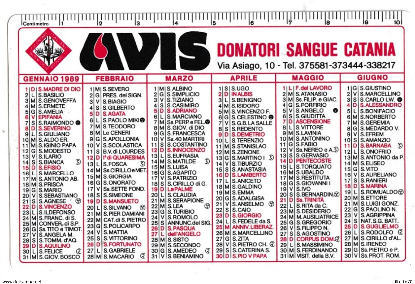 Calendarietto - AVIS - Donatori Sangue Catania - Anno 1989 - Kleinformat : 1981-90