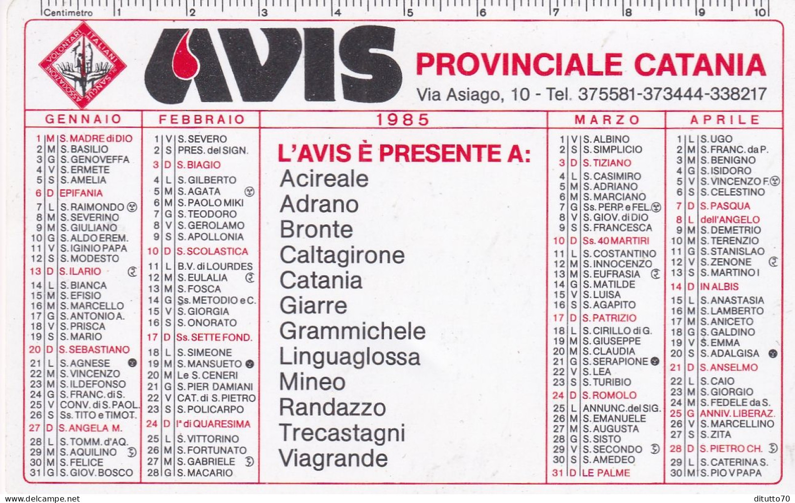 Calendarietto - AVIS - Provnciale Di Catania - Anno 1987 - Petit Format : 1981-90