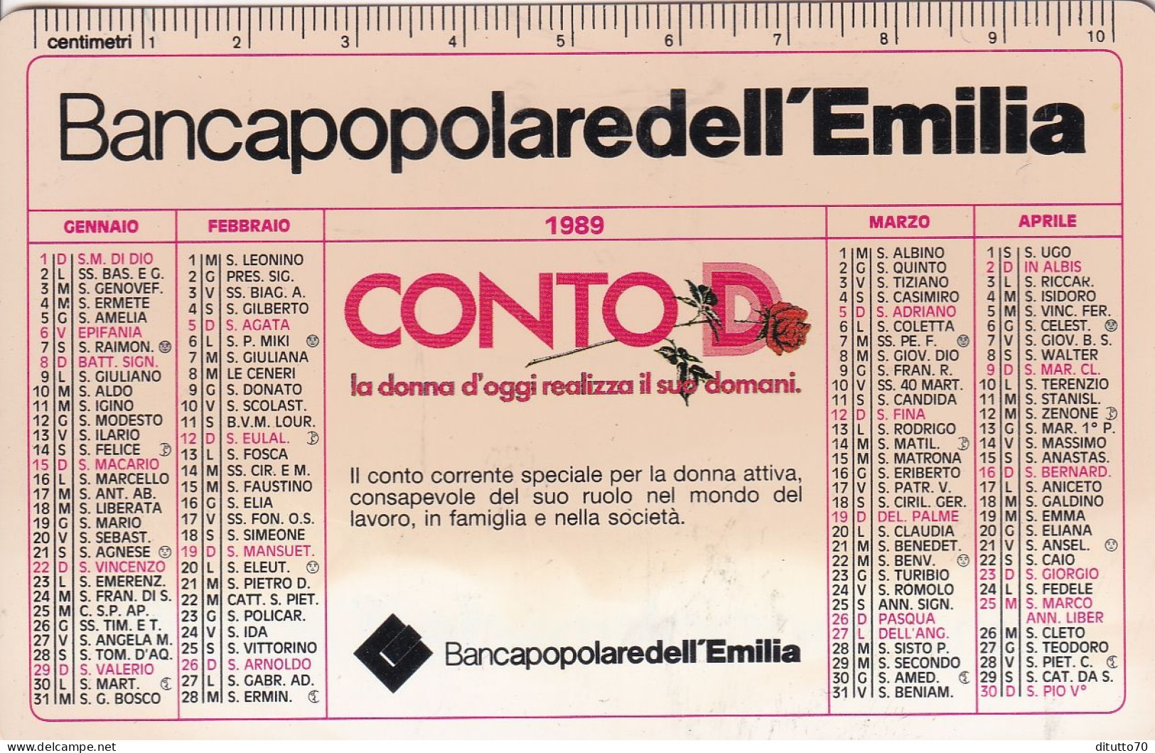 Calendarietto - Banca Popolare Dell'emilia - Anno 1989 - Formato Piccolo : 1981-90