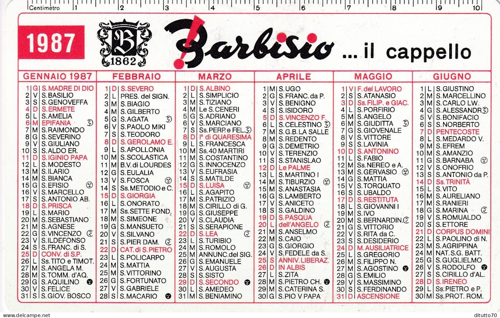 Calendarietto - BARBISIO - Il Cappello - Anno 1987 - Tamaño Pequeño : 1981-90