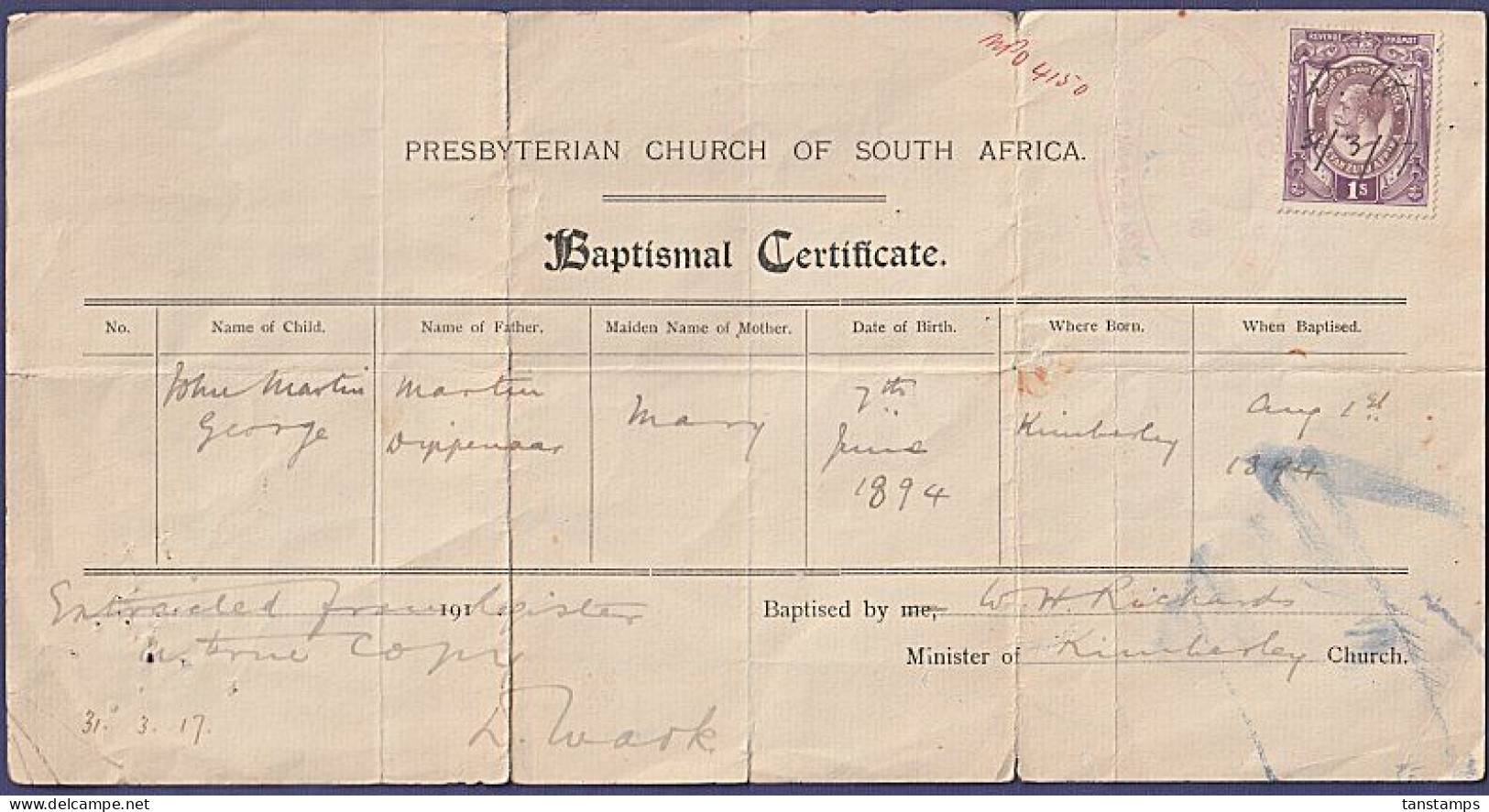 SOUTH AFRICA KGV REVENUE BAPTISMAL CERTIFICATE - Covers & Documents