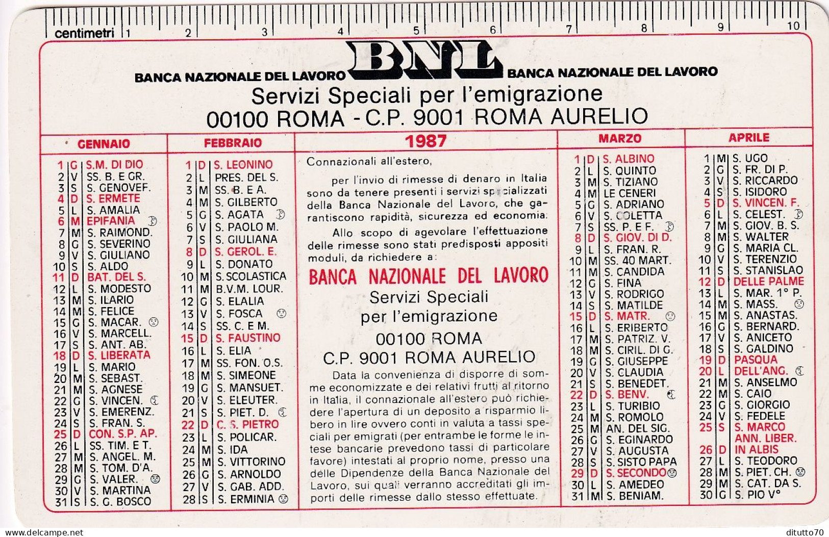 Calendarietto - BNL - Banca Nazionale Del Lavoro - Roma - Anno 1987 - Small : 1981-90