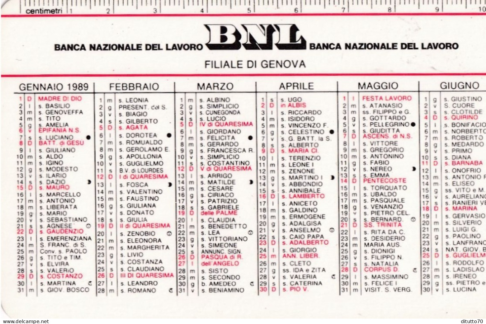 Calendarietto - BNL - Banca Nazionale Del Lavoro - Roma - Anno 1989 - Klein Formaat: 1981-90