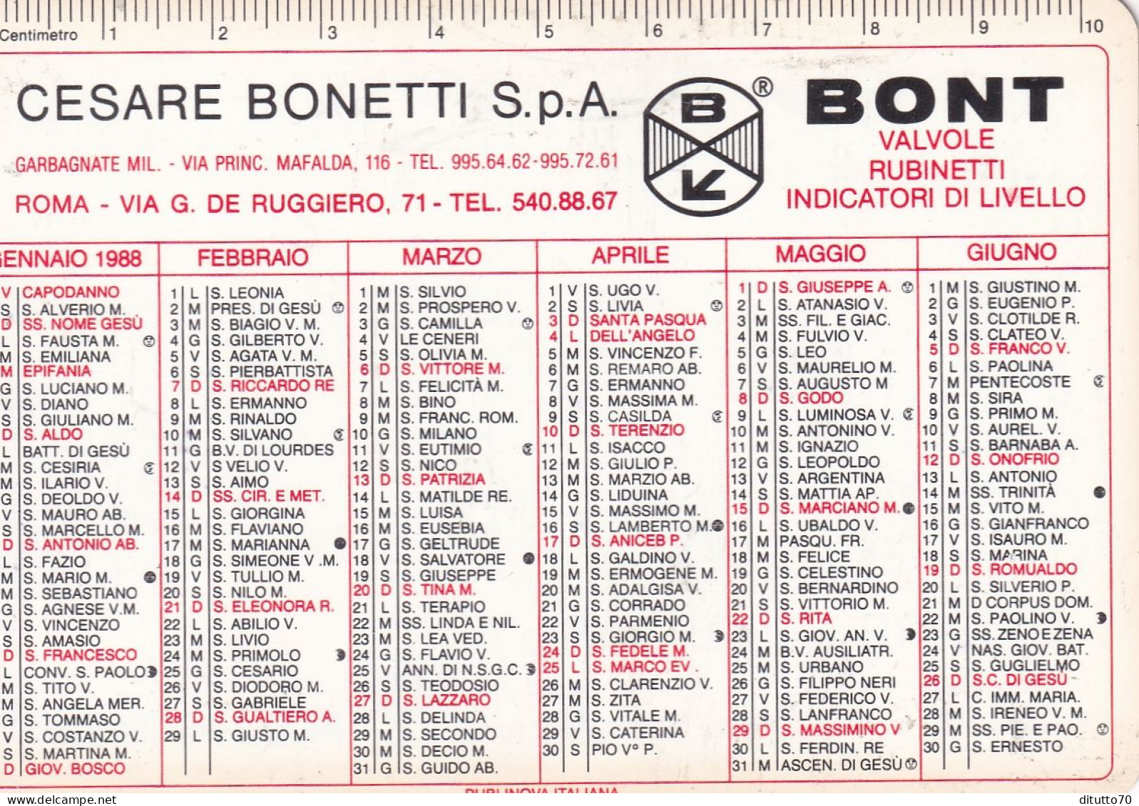 Calendarietto - Bont - Roma - Anno 1988 - Formato Piccolo : 1981-90