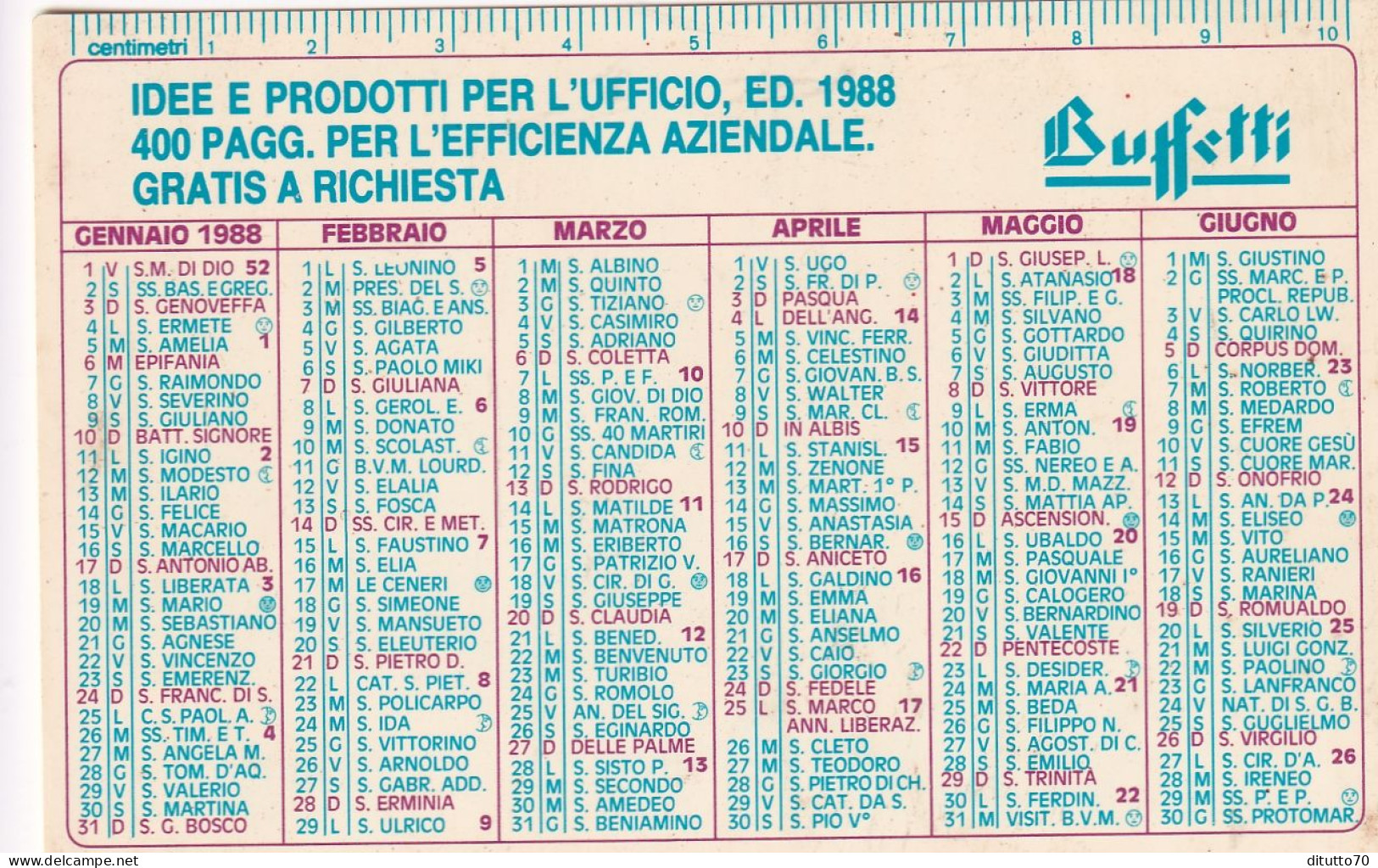 Calendarietto - BUFFETTI - Anno 1988 - Formato Piccolo : 1981-90