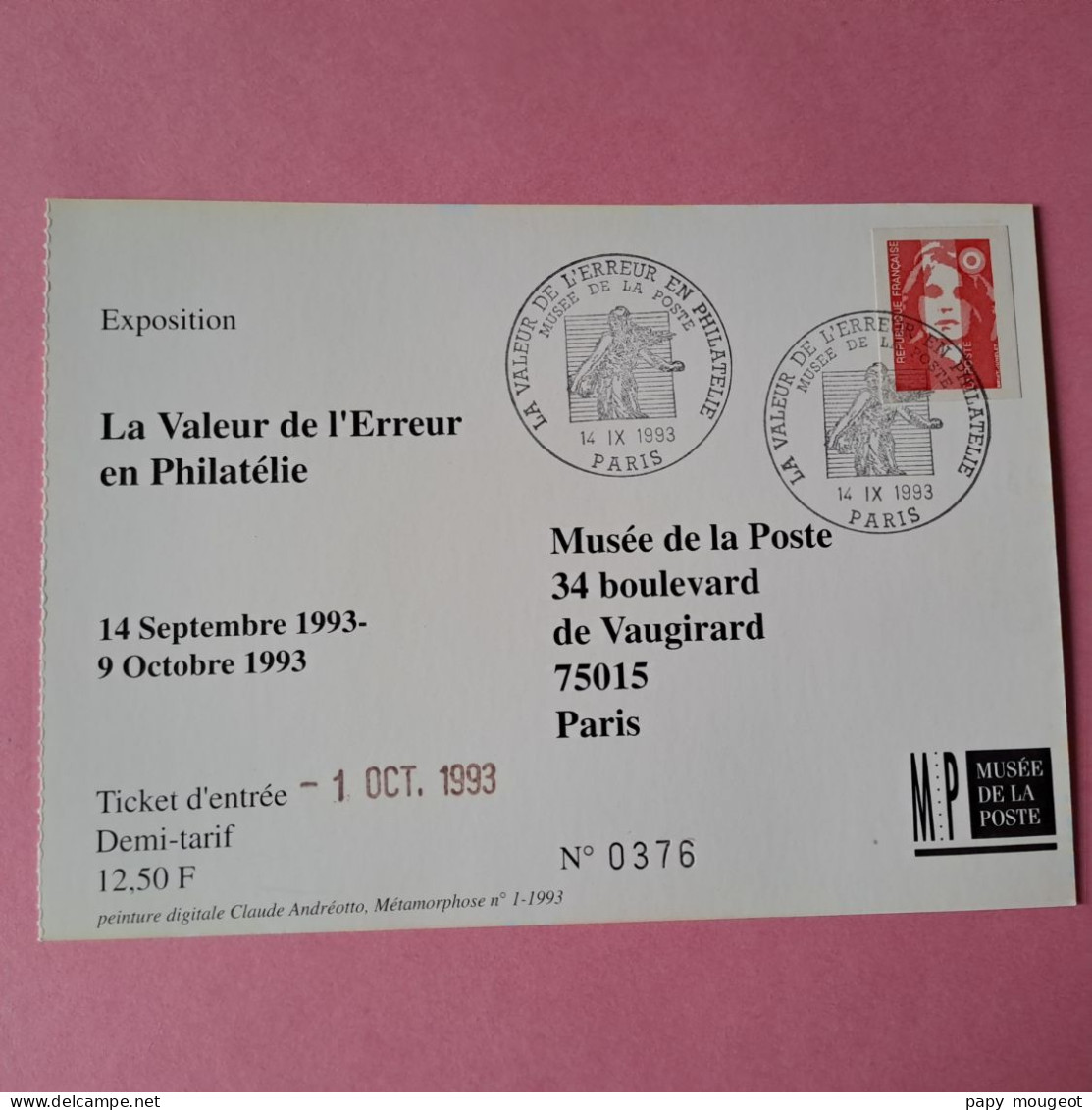 La Valeur De L'erreur En Philatélie Exposition Musée De La Poste Paris 14 IX 1993 - Temporary Postmarks