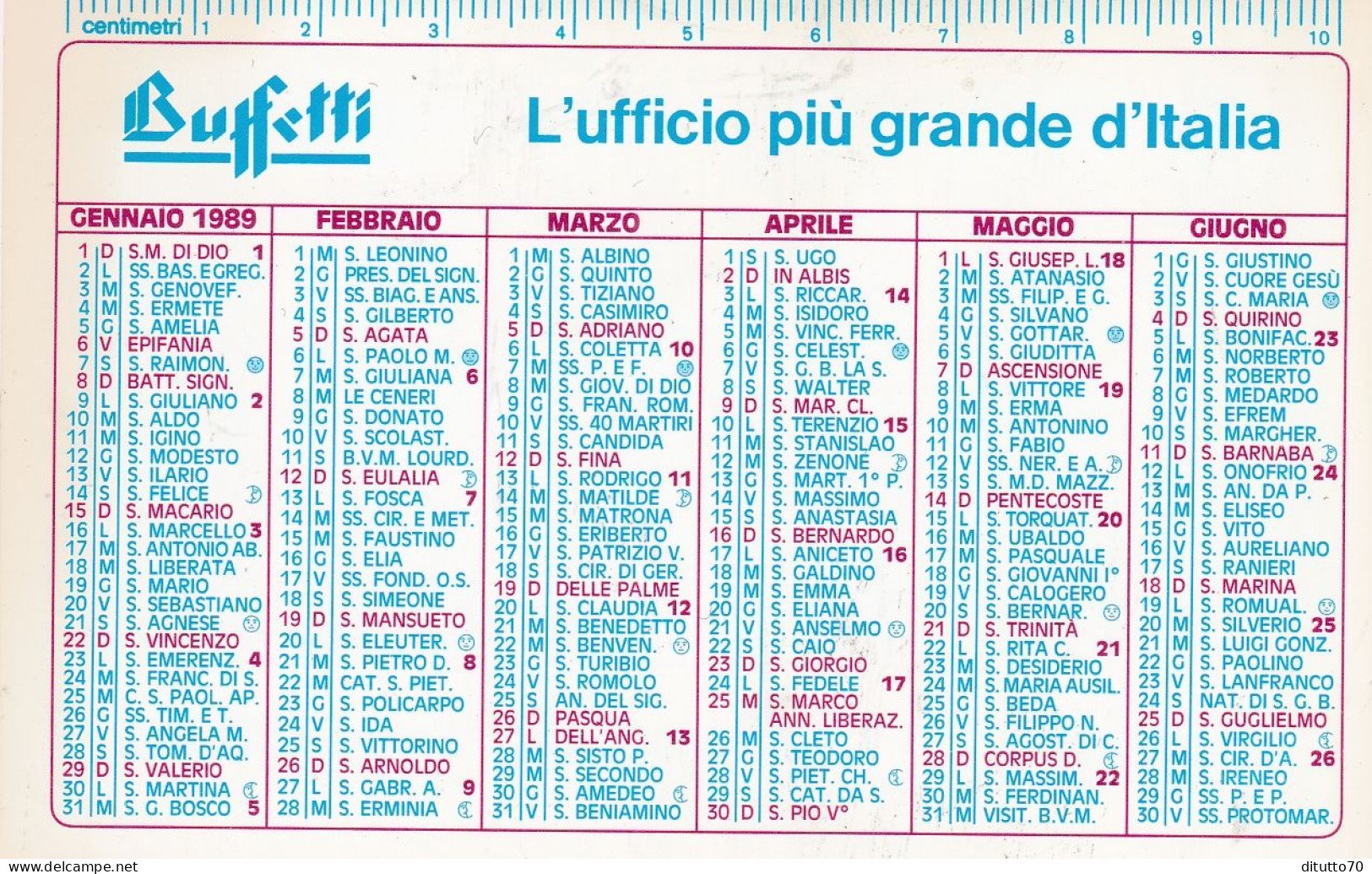 Calendarietto - BUFFETTI - L'ufficio Più Grande D'italia - Anno 1989 - Petit Format : 1981-90