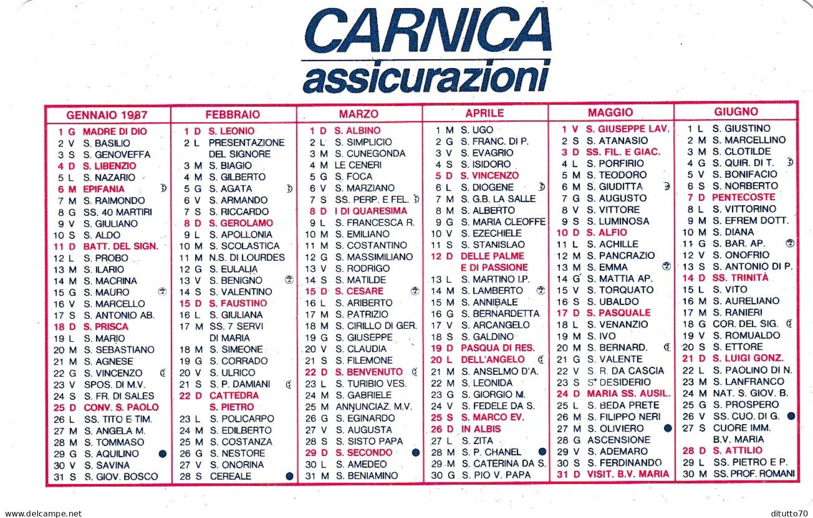 Calendarietto - CARNICA - Assicurazioni - Anno 1987 - Klein Formaat: 1981-90