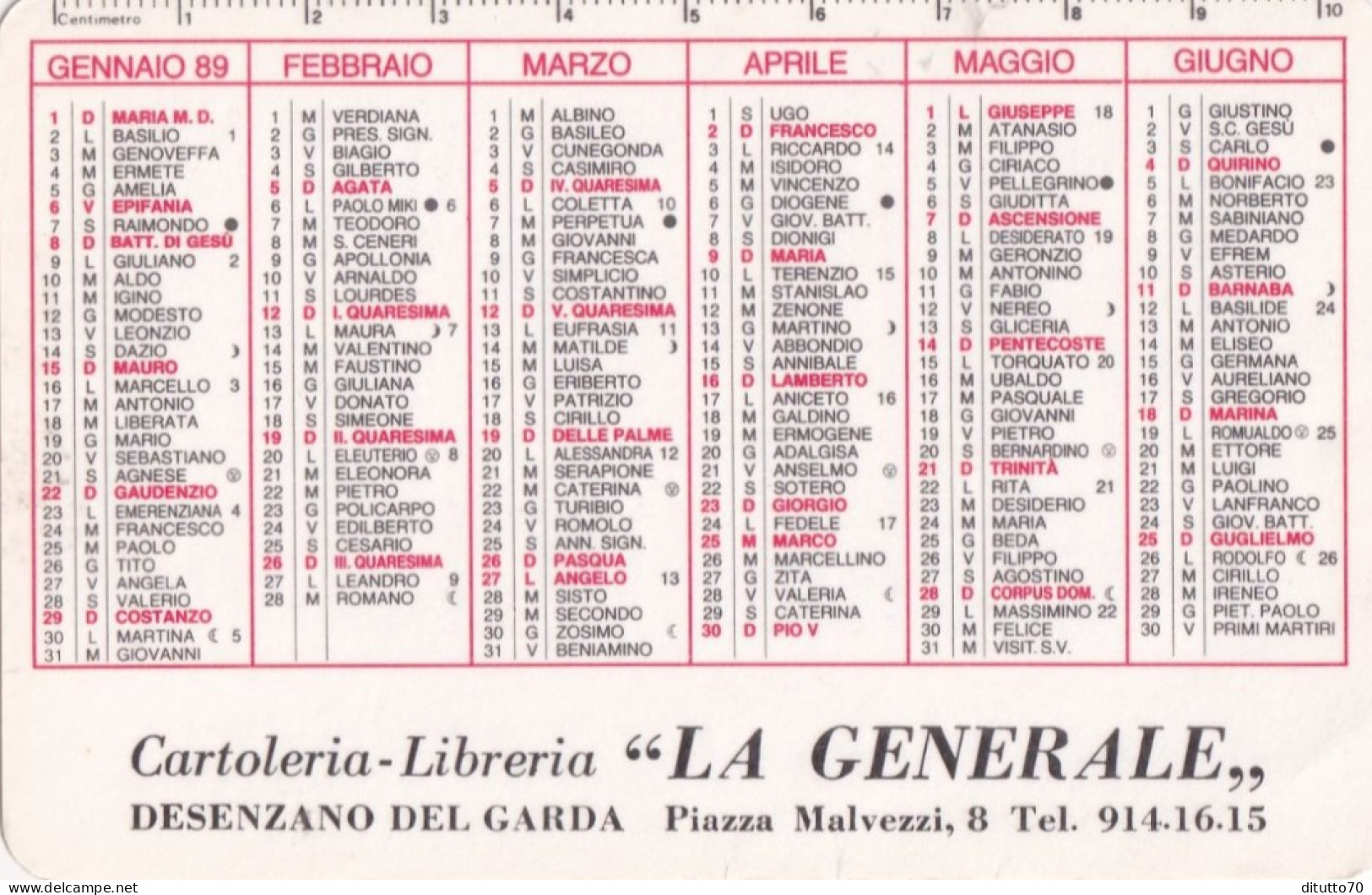Calendarietto - Cartoleria - Libreia - La Generale - Desenzano Del Garda - Anno 1989 - Tamaño Pequeño : 1981-90