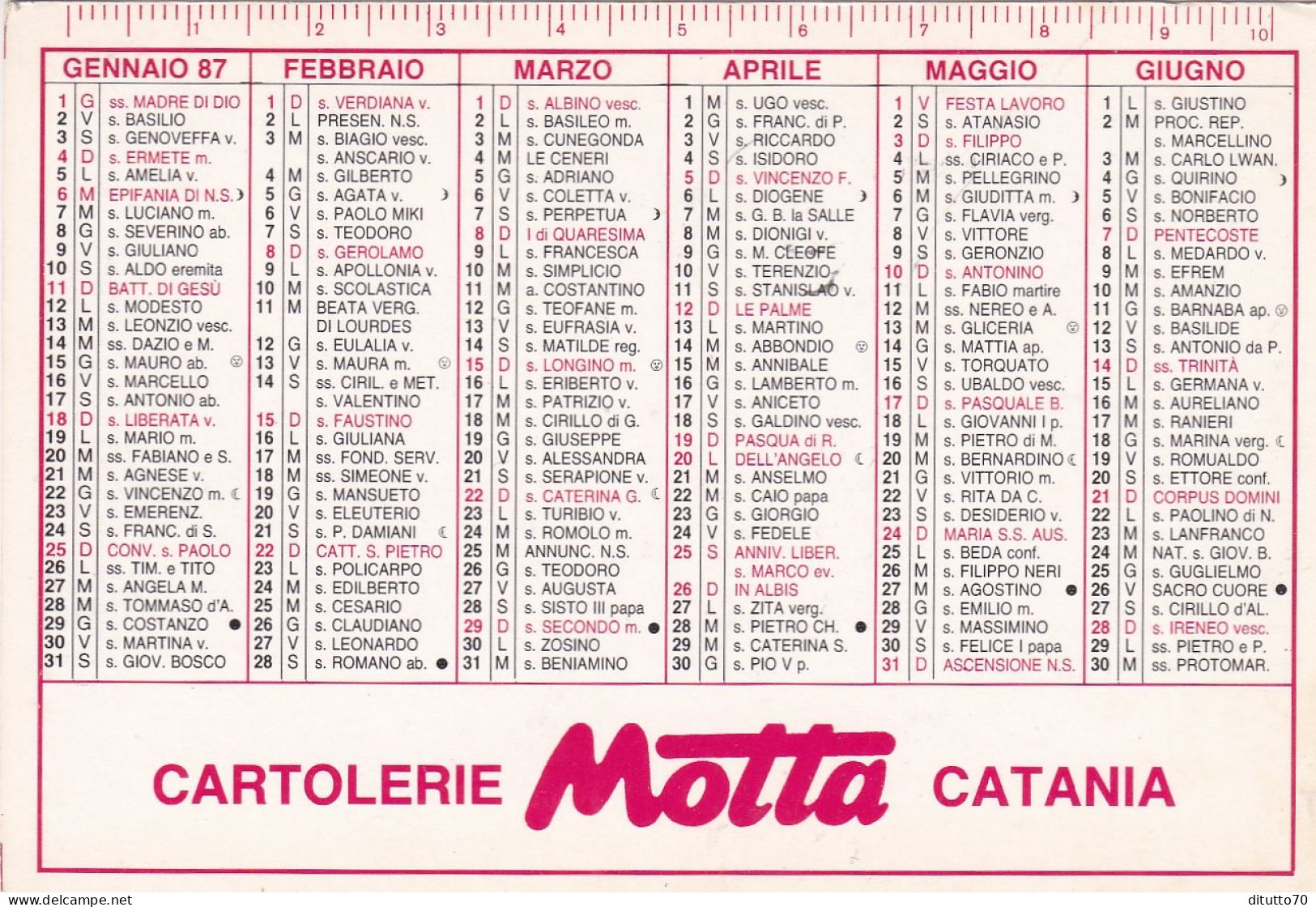 Calendarietto - Cartolerie Motta - Catania - Anno 1987 - Small : 1981-90