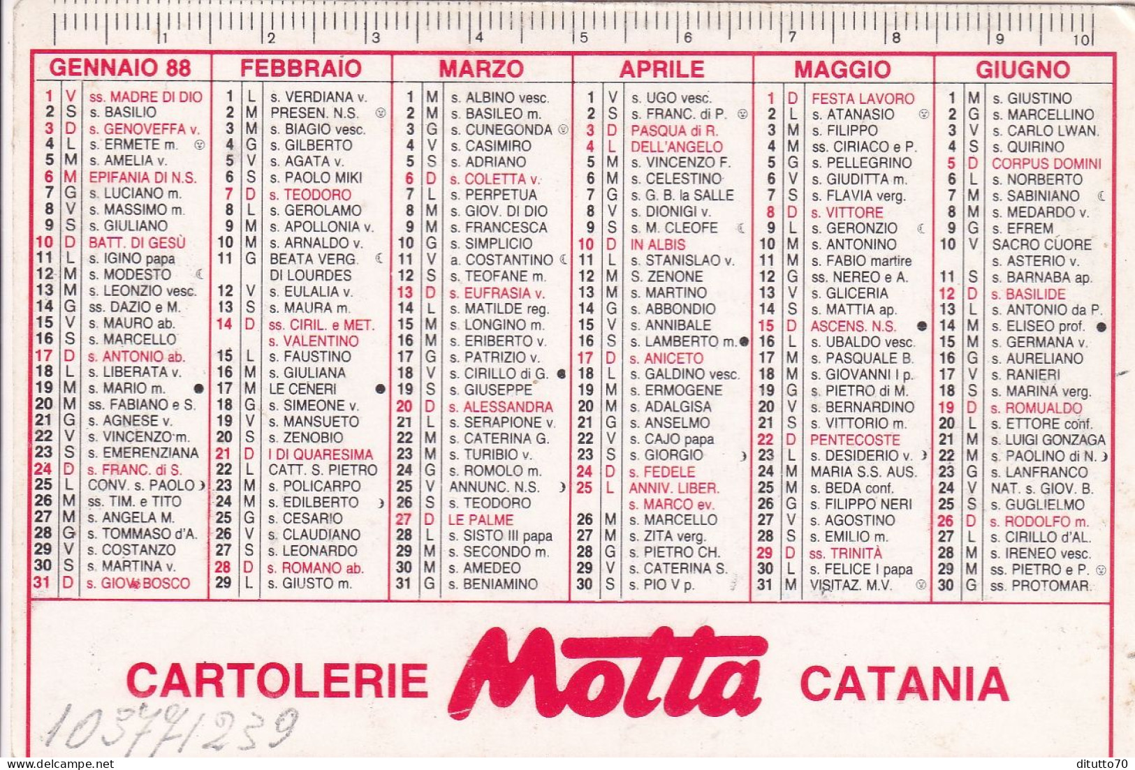 Calendarietto - Cartolerie Motta - Catania - Anno 1988 - Tamaño Pequeño : 1981-90