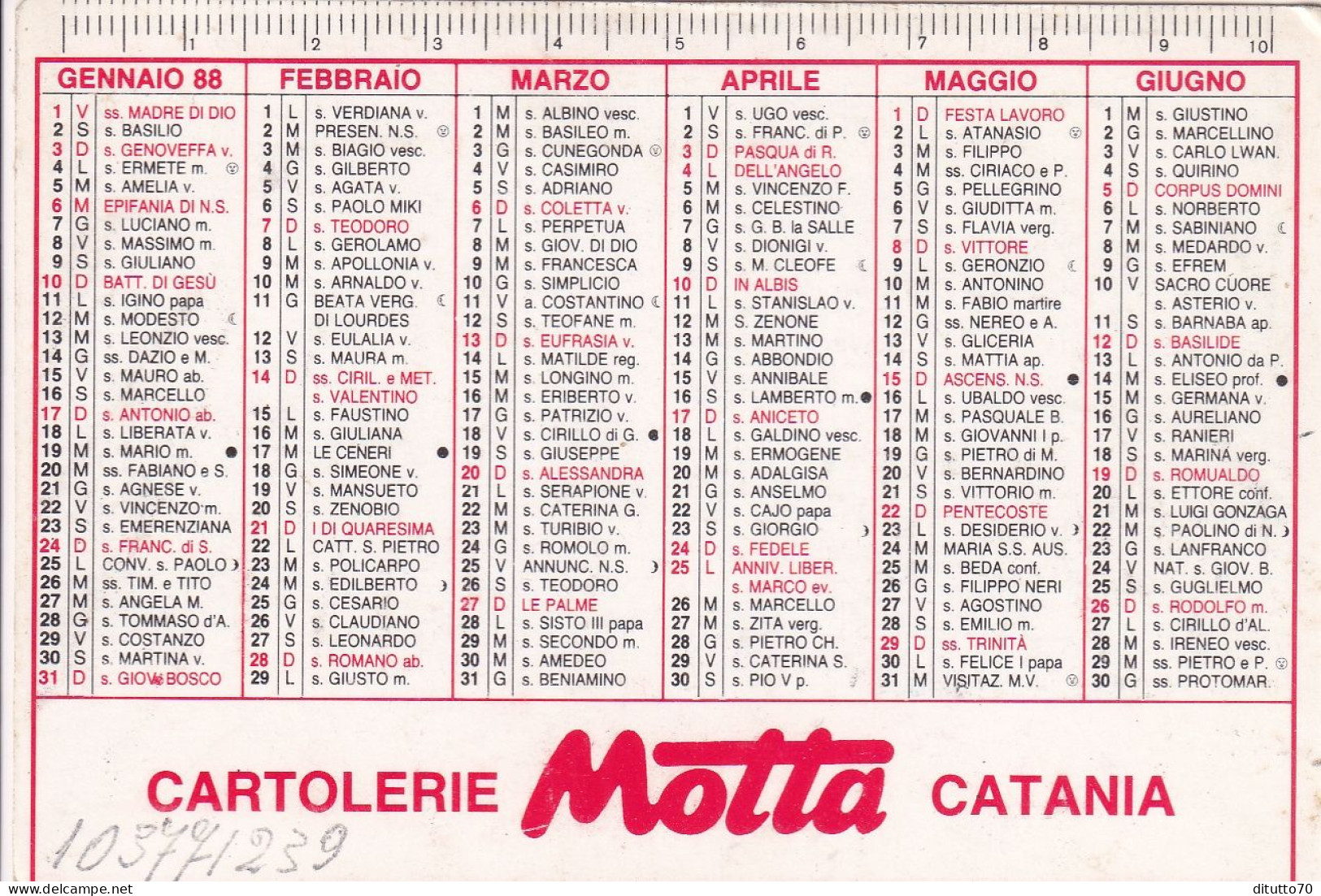 Calendarietto - Cartolerie Motta - Catania - Anno 1988 - Petit Format : 1981-90