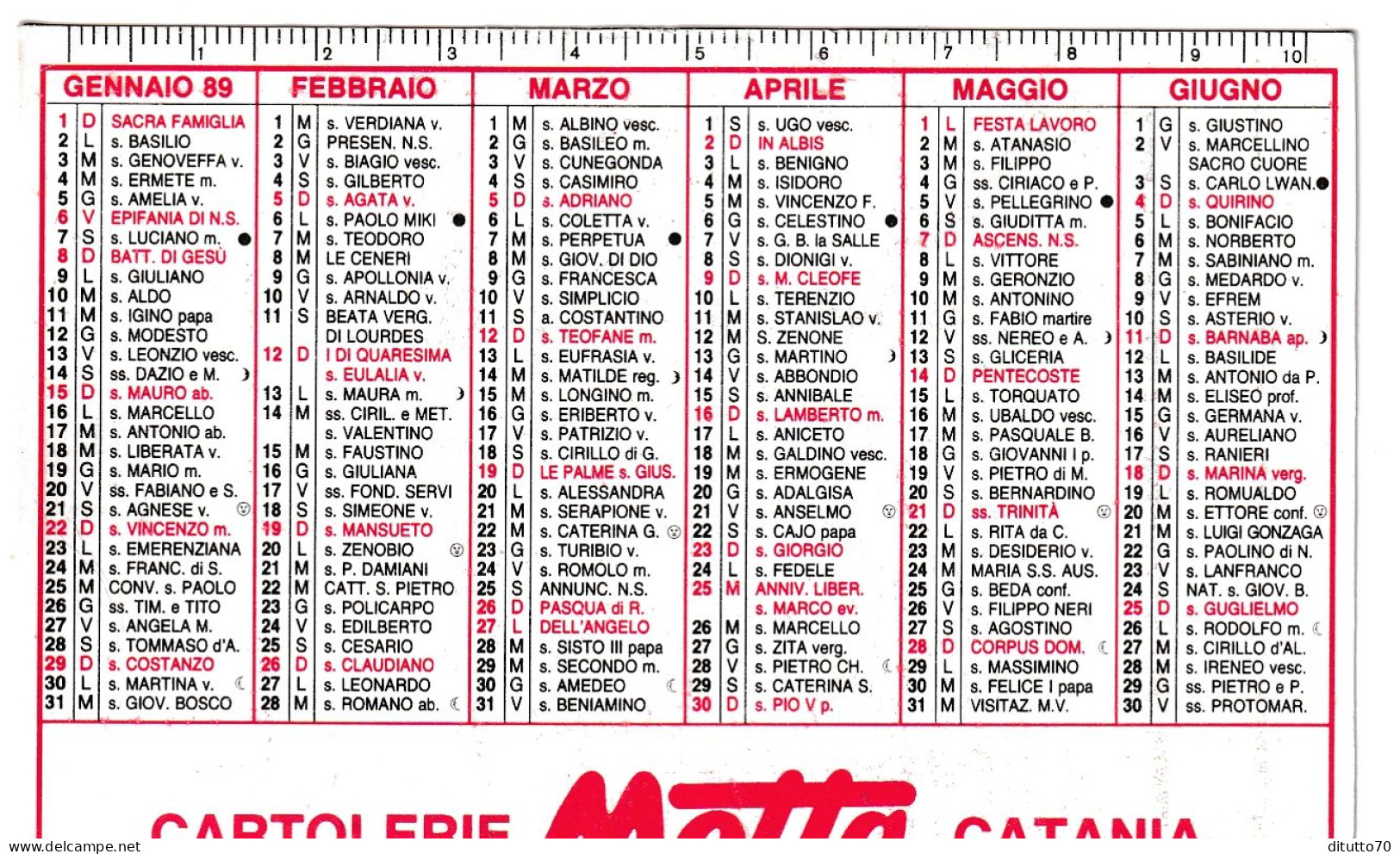 Calendarietto - Cartolerie Motta - Catania - Anno 1989 - Small : 1981-90