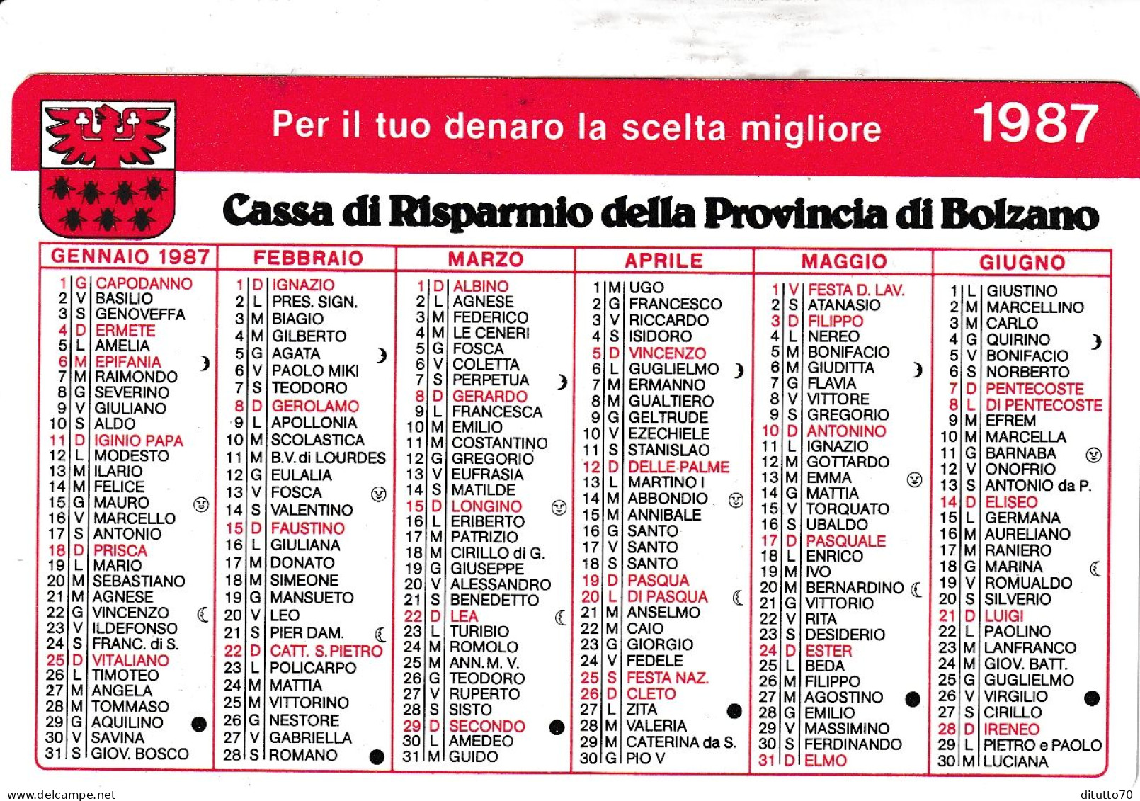 Calendarietto - Cassa Di Risparmio Della Provincia Di Bolzano - Anno  1987 - Small : 1981-90