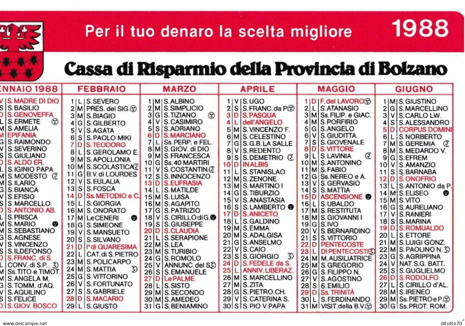 Calendarietto - Cassa Di Risparmio Della Provincia Di Bolzano - Anno  1988 - Small : 1981-90