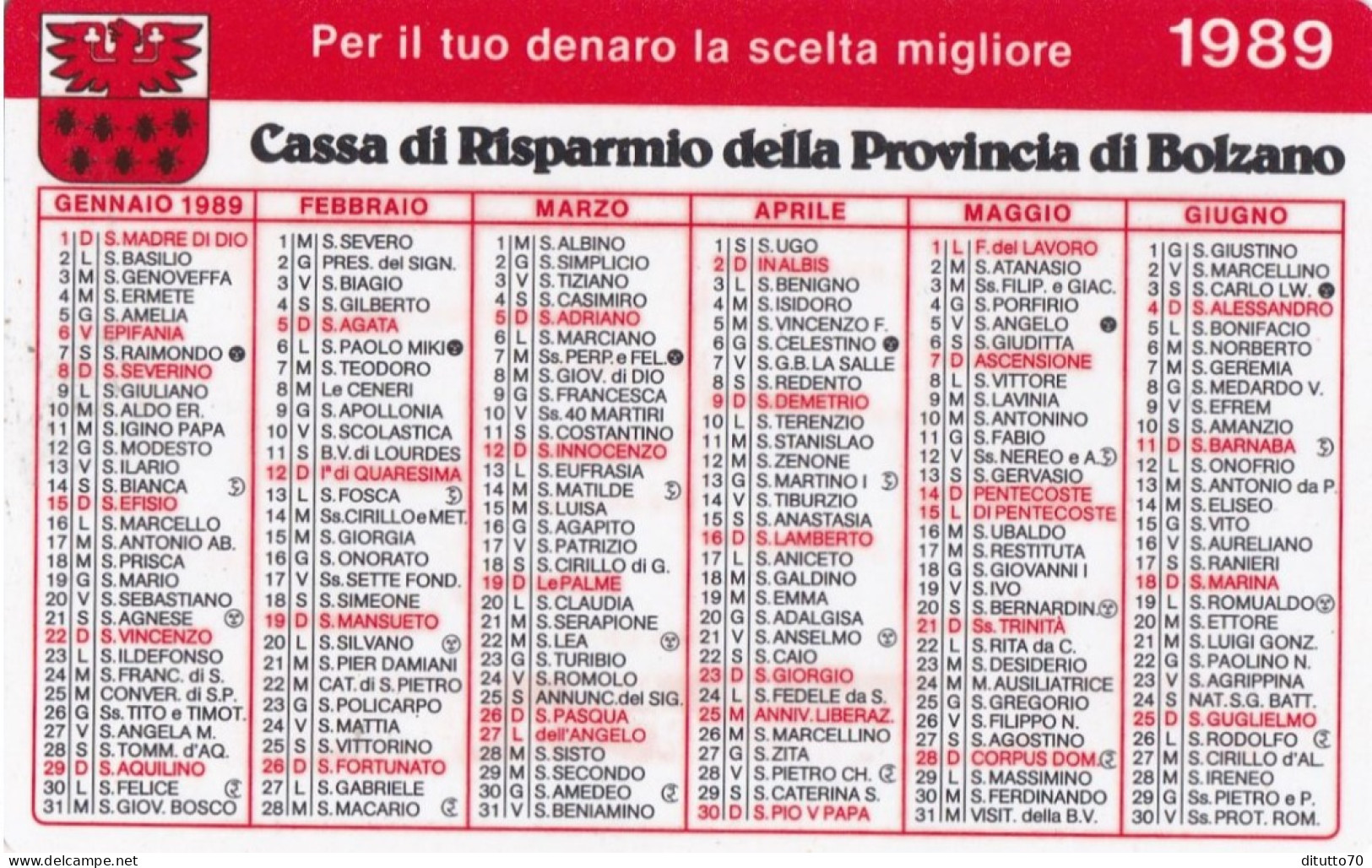 Calendarietto - Cassa Di Risparmio Della Provincia Di Bolzano - Anno  1989 - Klein Formaat: 1981-90