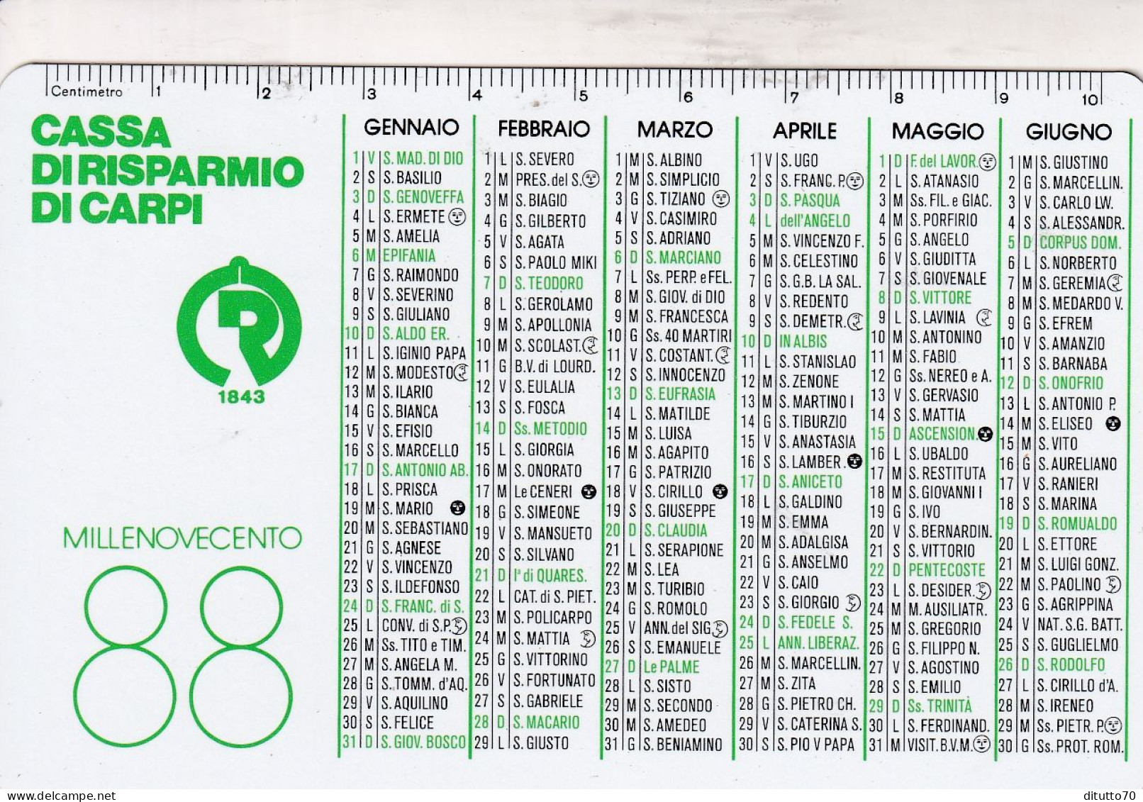 Calendarietto - Cassa Di Risparmio Di Carpi - Anno  1988 - Petit Format : 1981-90