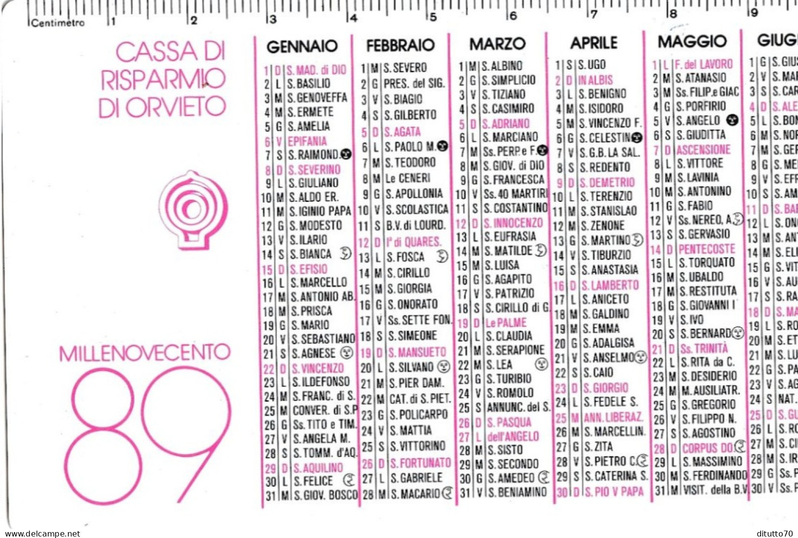 Calendarietto - Cassa Di Risparmio Di Orvieto  - Anno  1989 - Tamaño Pequeño : 1981-90