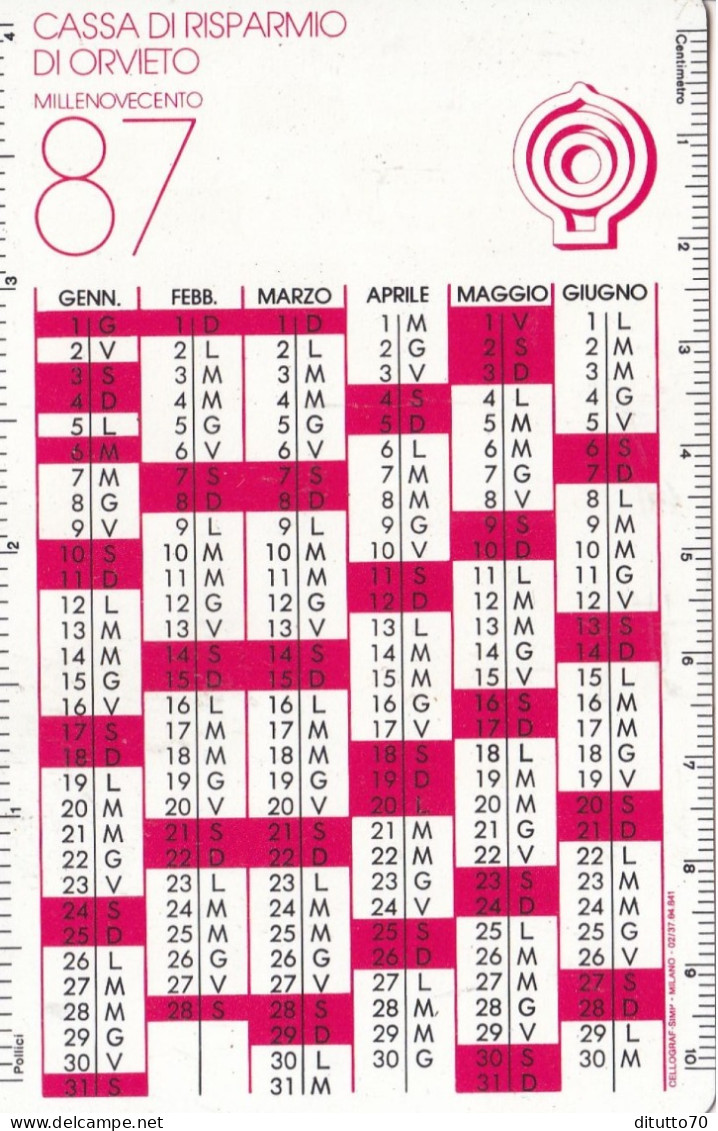 Calendarietto - Cassa Di Risparmio Di Orvieto - Anno  1987 - Petit Format : 1981-90