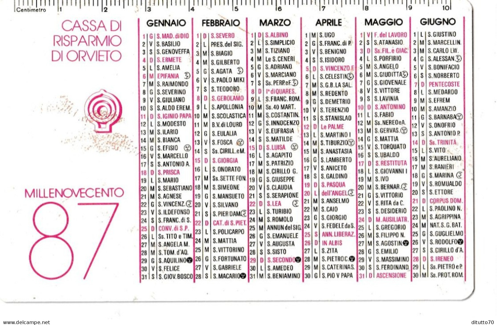 Calendarietto - Cassa Di Risparmio Di Orvieto - Anno 1987 - Small : 1981-90