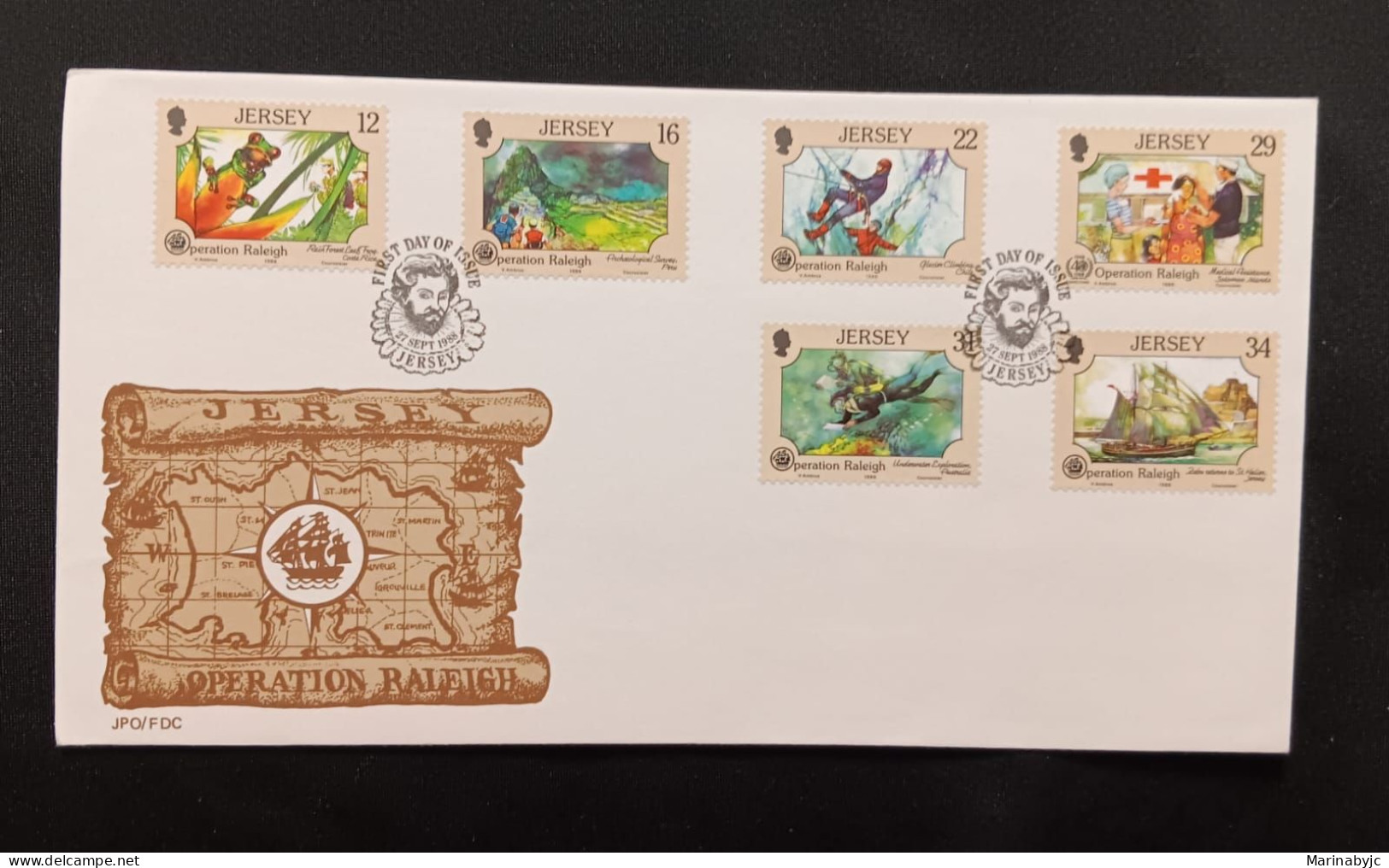 DM)1988, JERSEY, FIRST DAY COVER, ISSUE, OPERATION RALEIGH, OPERATION AID FOR NATURE, FROG LEMUR, COSTA RICA, ARCHEOLOGY - Jersey