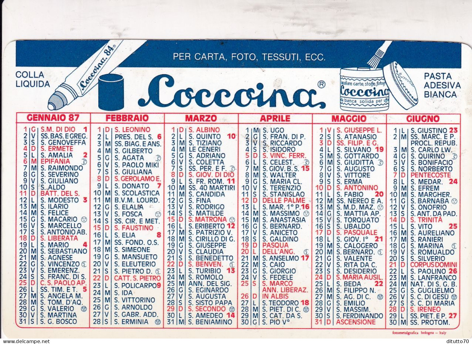 Calendarietto - Coccoina - Zenhit - Anno 1987 - Formato Piccolo : 1981-90