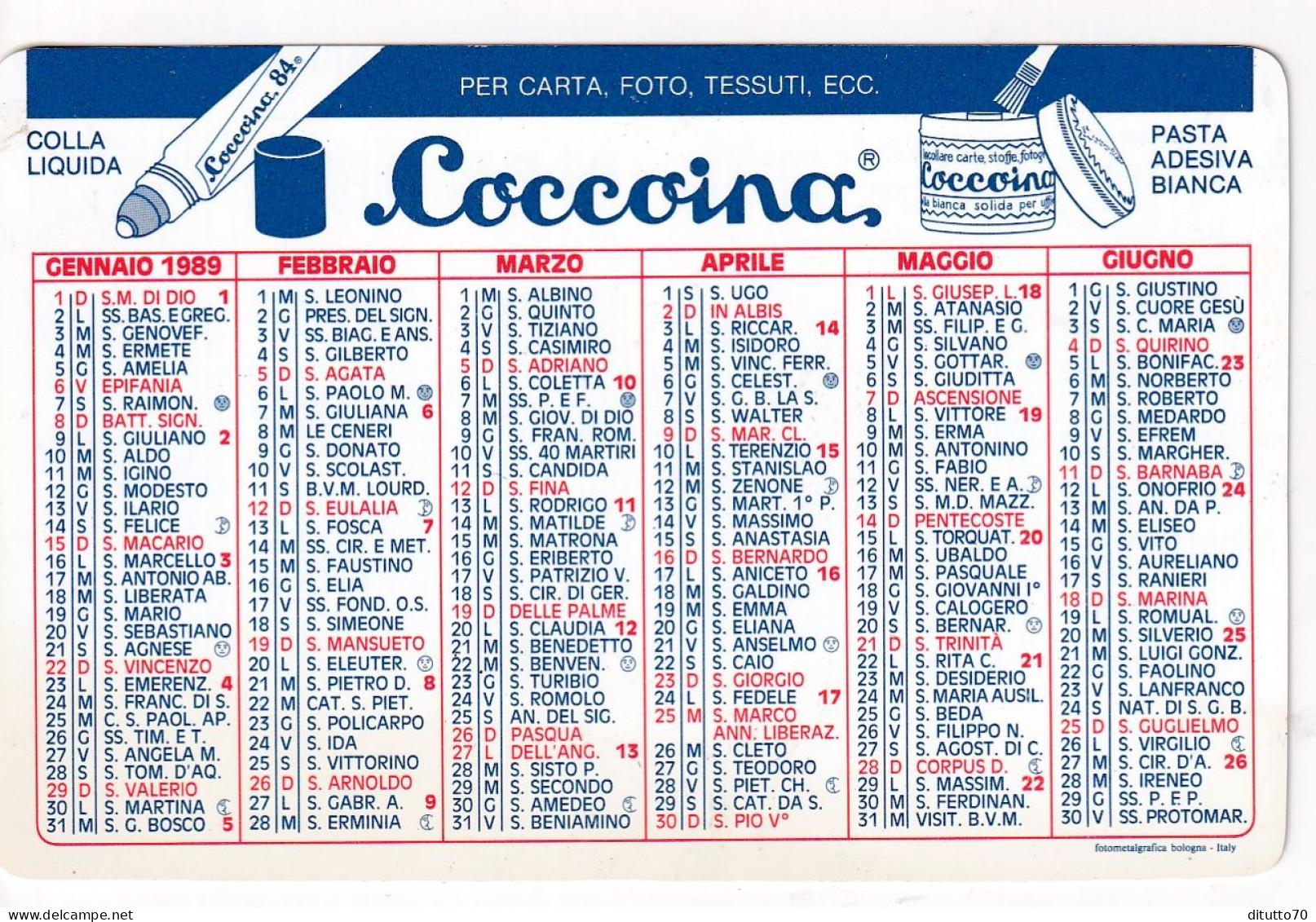 Calendarietto - Coccoina - Zenhit - Anno 1989 - Small : 1981-90