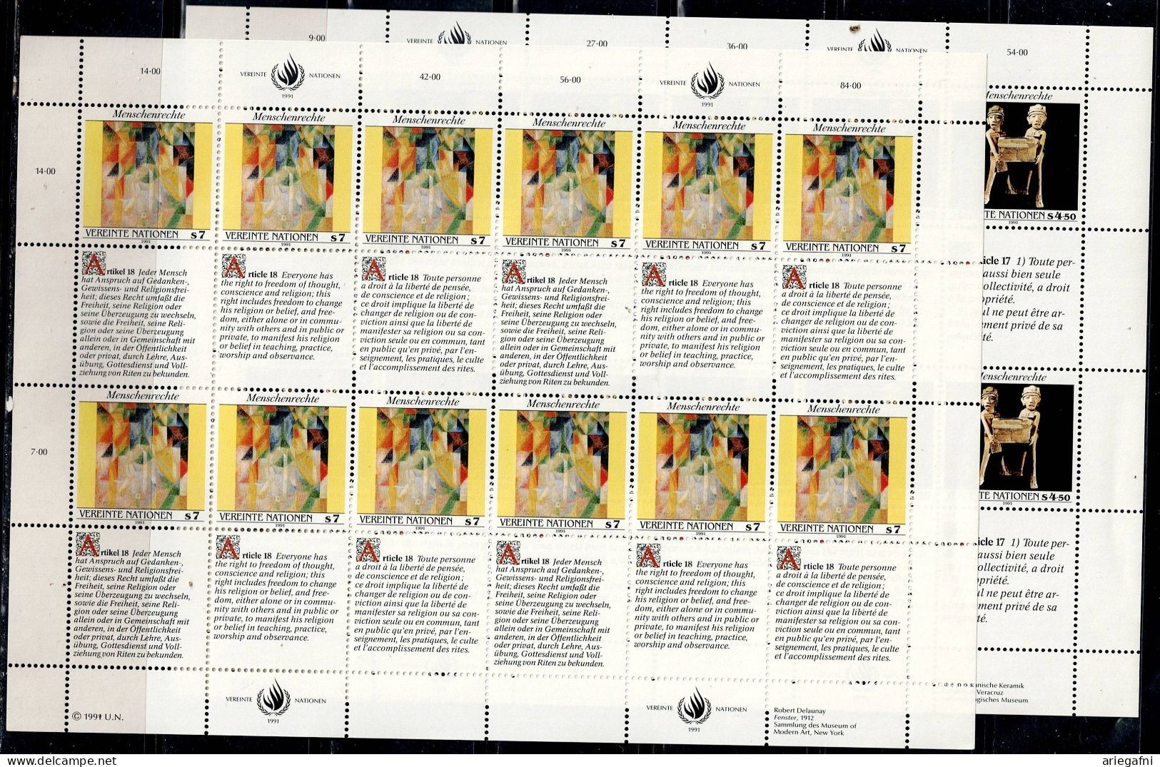 UNO 1991 UNIVERSAL DECLARATION OF HUMAN RIGHTS SET OF 2 FULL SHEET MI No 123-4 MNH VF!! - UNO