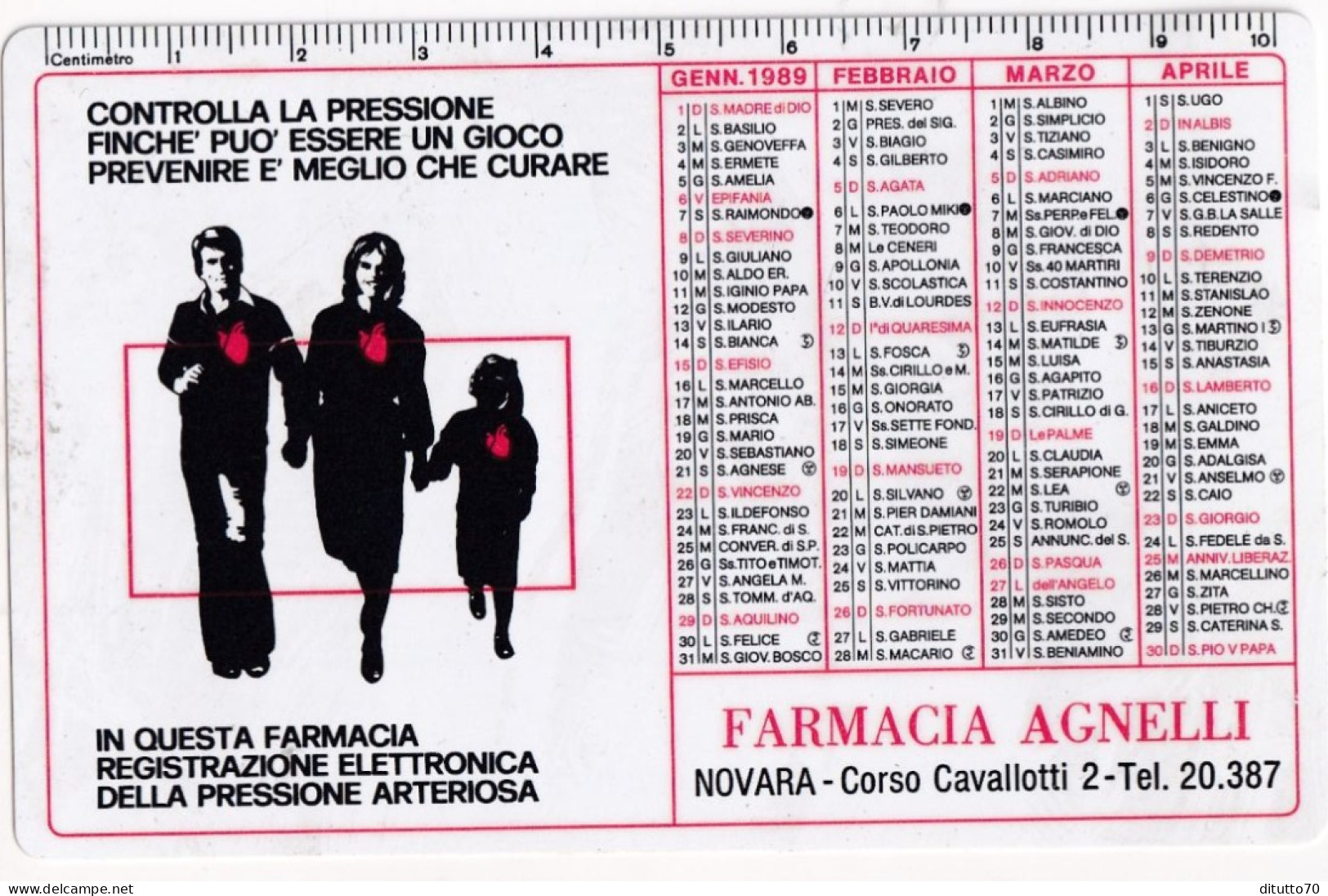 Calendarietto - Farmacia Agnelli - Novara - Anno 1989 - Tamaño Pequeño : 1981-90