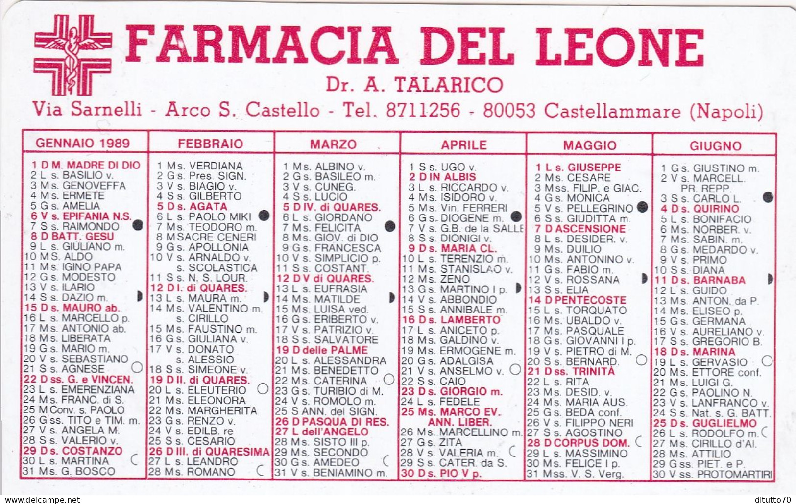 Calendarietto - Farmacia Del Leone - Castellammare - Napoli - Anno 1989 - Small : 1981-90