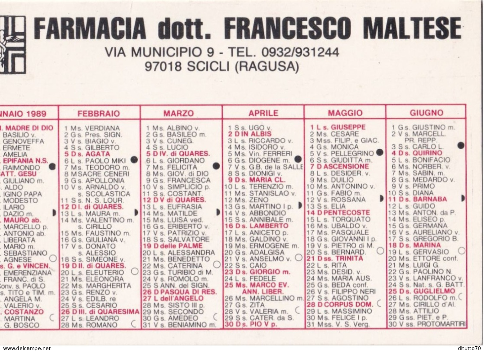 Calendarietto - Farmacia Dott.francesco Maltese - Scicli - Ragusa - Anno 1989 - Small : 1981-90